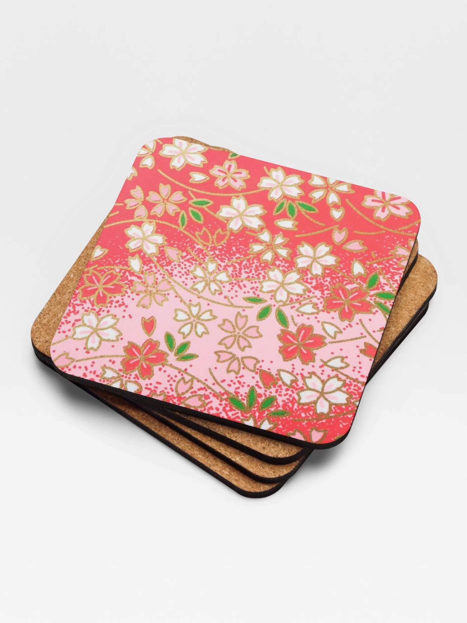 Cork-Back Japanese Floral Coaster  Japanese designed by miteigi drinks coasters in red with multicolor flowers pattern