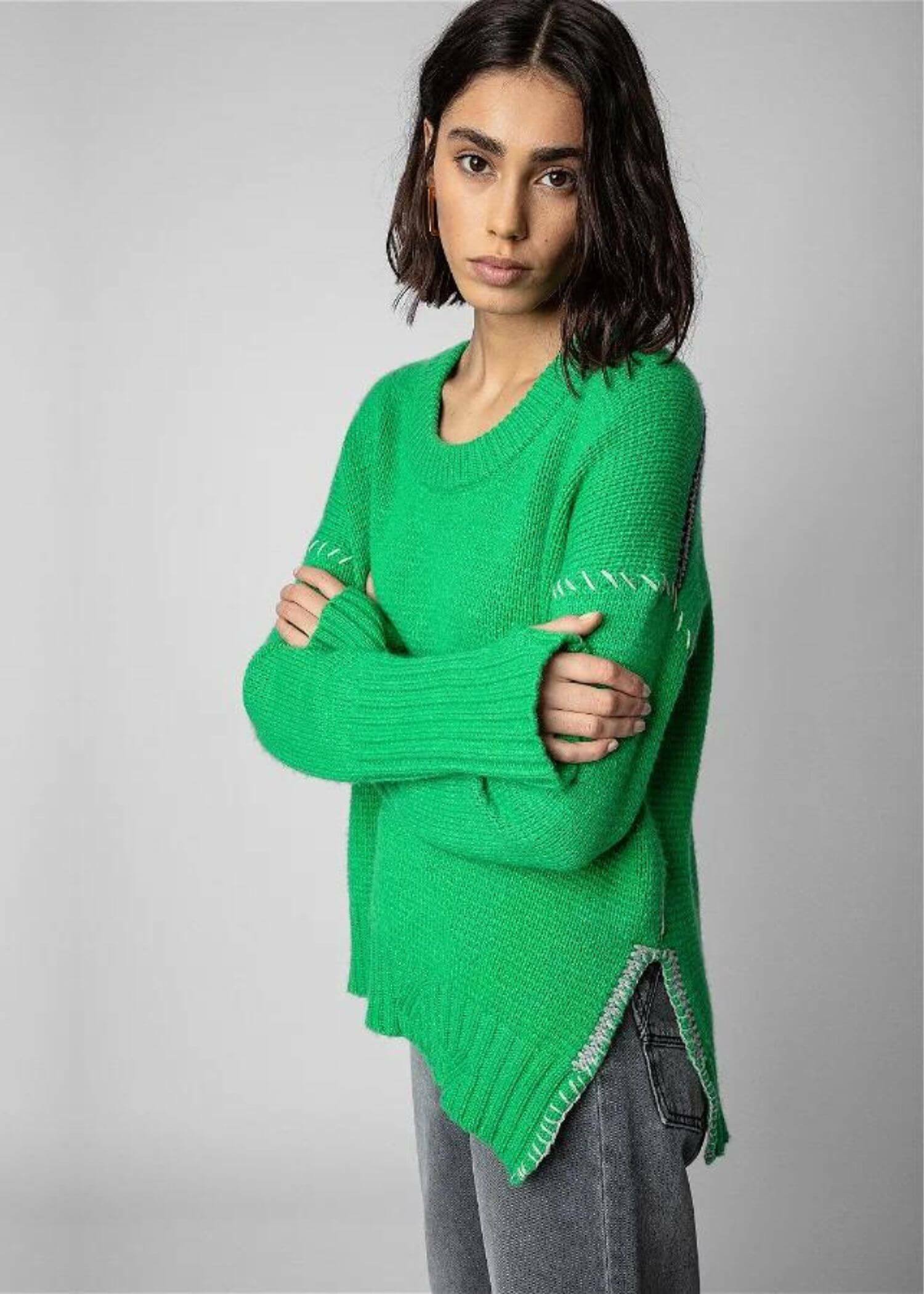 Cashmere Sweater green Women's 100% Hand-woven ribbed striped Scoopneck round O Collar Casual Knit Pullover Long-sleeves Pullovers Sweaters for woman Fall Autumn Winter Spring womens fashion season