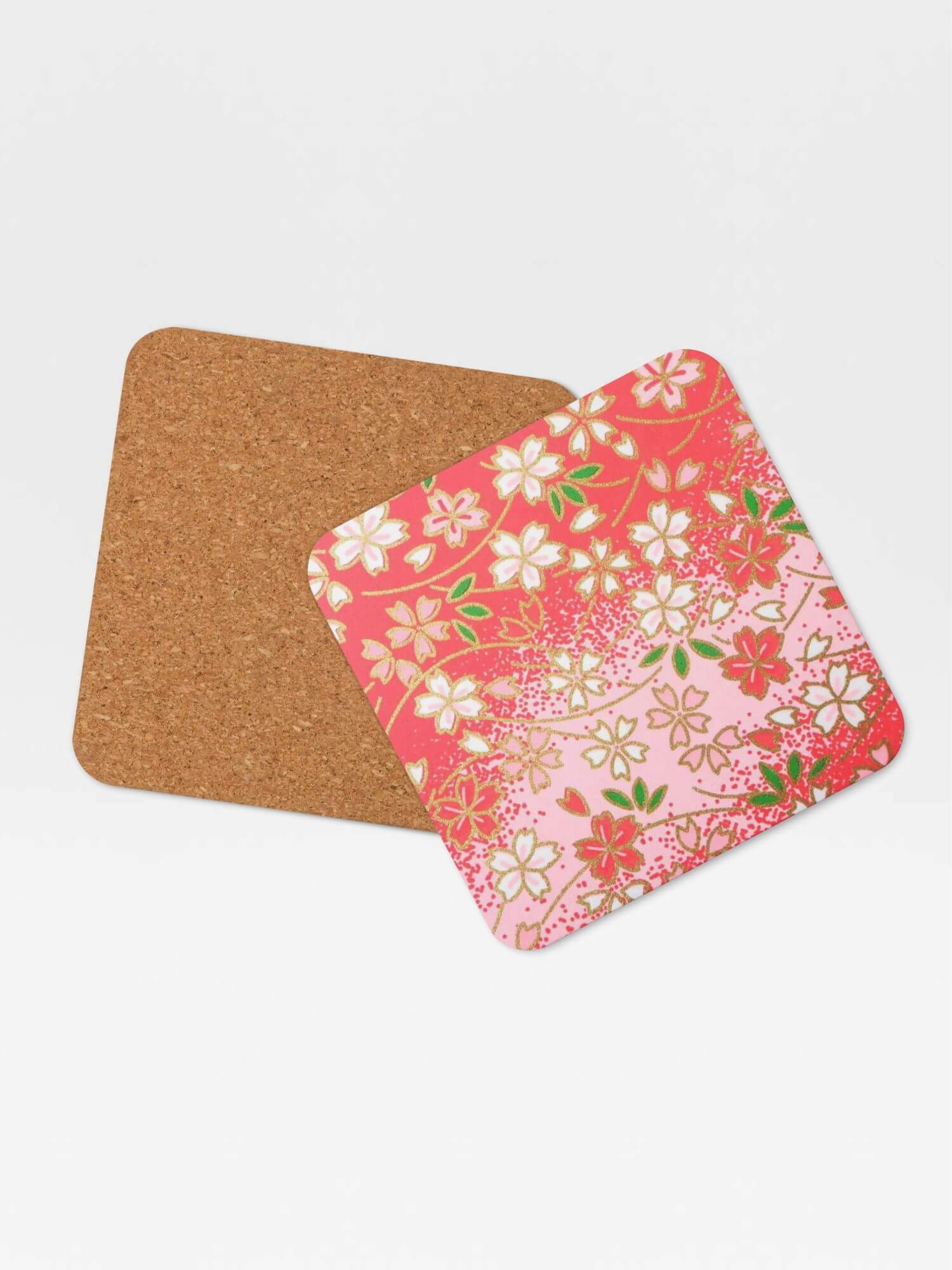 Cork-Back Japanese Floral Coaster  Japanese designed by miteigi drinks coasters in red with multicolor flowers pattern