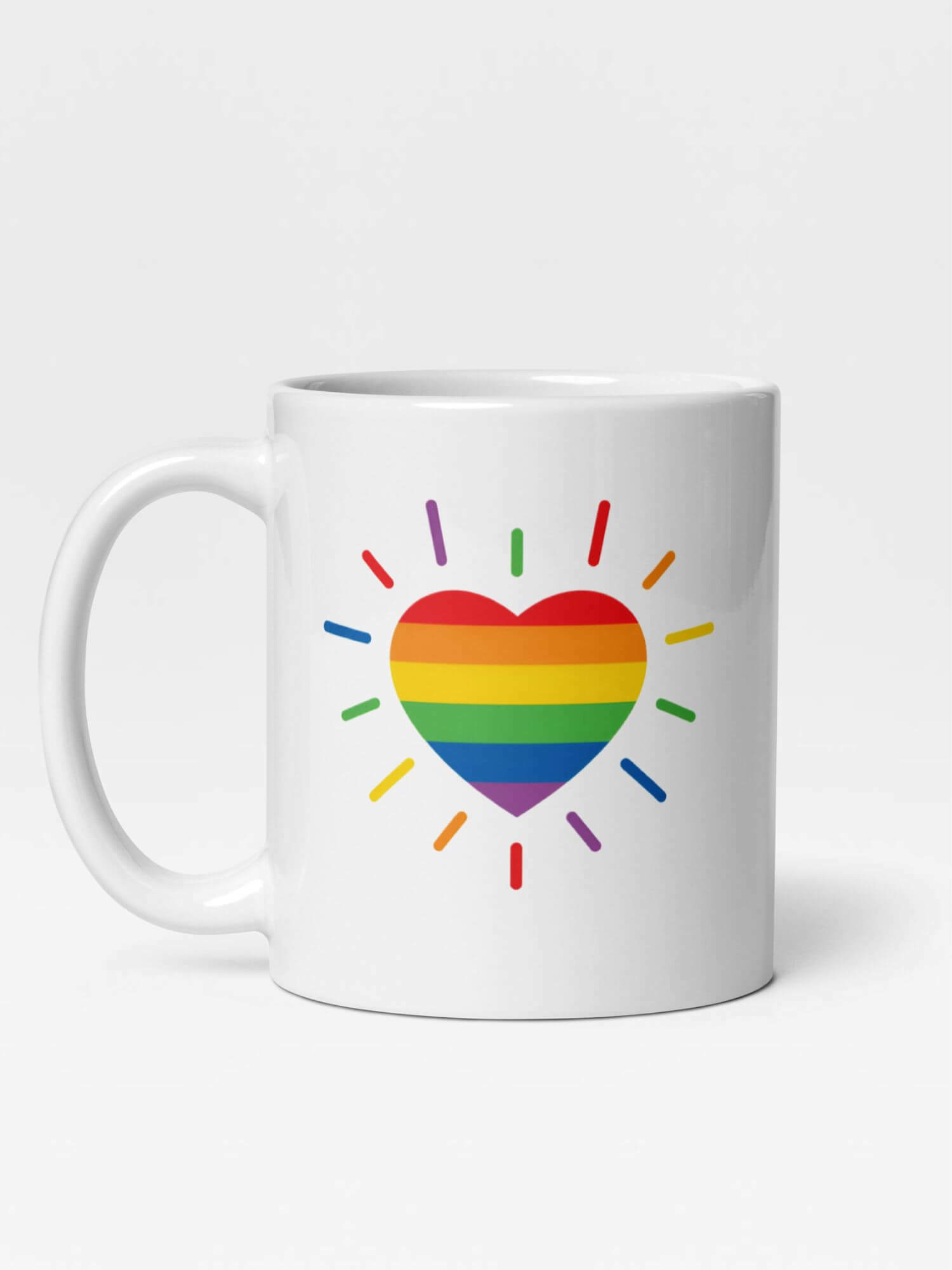 Glossy Rainbow x miteigi Logo Stripe Heart Mug       Cartoon pride character drinks cup coffee, tea, juice, milk drinking cups miteigi branded product item tumblers ceramics in white with multicolor pattern Ceramic Anime Gifts stripes love hearts rainbows lgbtqia pride mugs