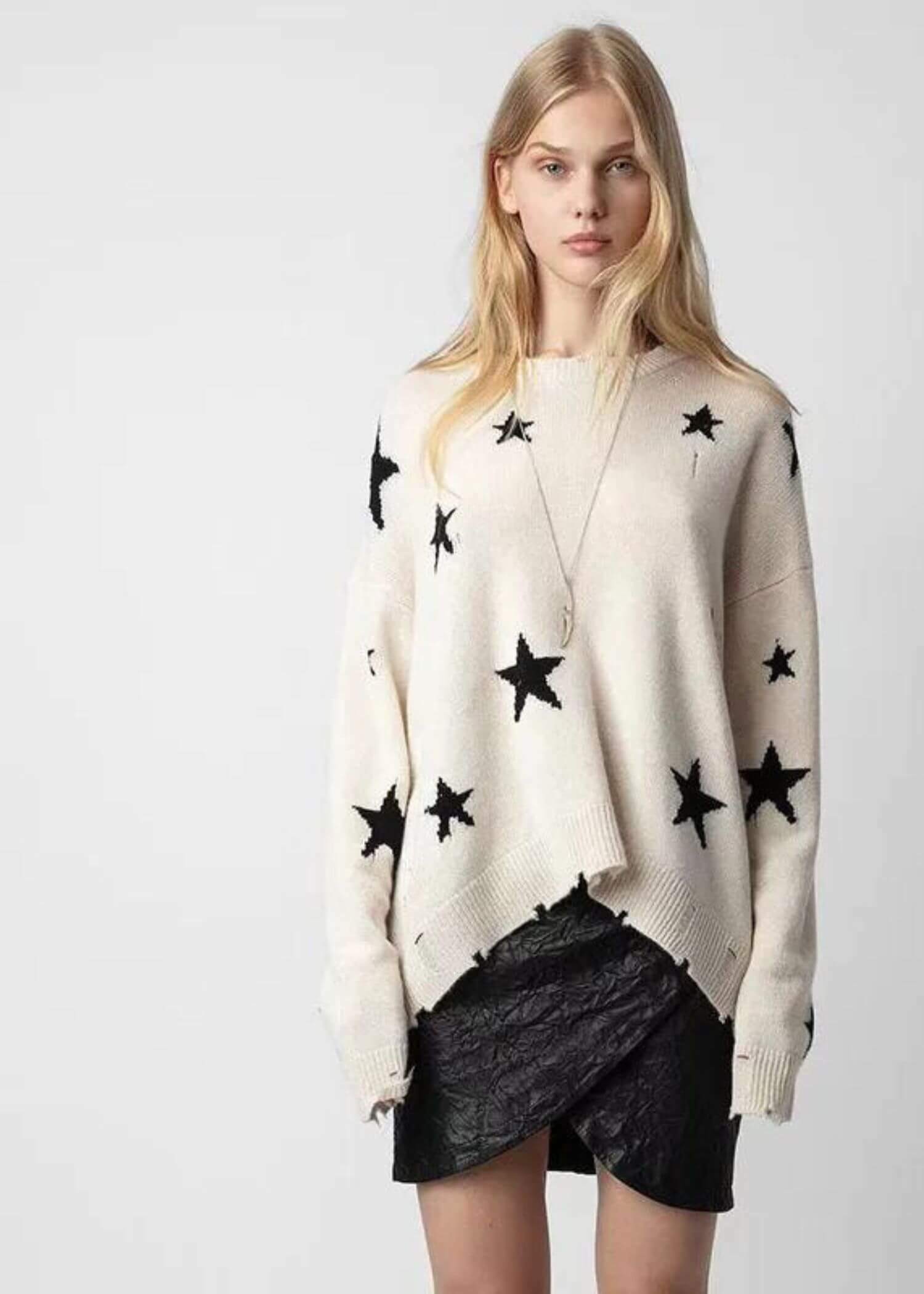 Holed Cashmere Sweater  Women's Men’s unisex anywear Top Star Pattern Holes 100%-Cashmere Loose Sweaters for Man Woman Fall Autumn Winter Spring womens mens Fashion season  in white with black stars