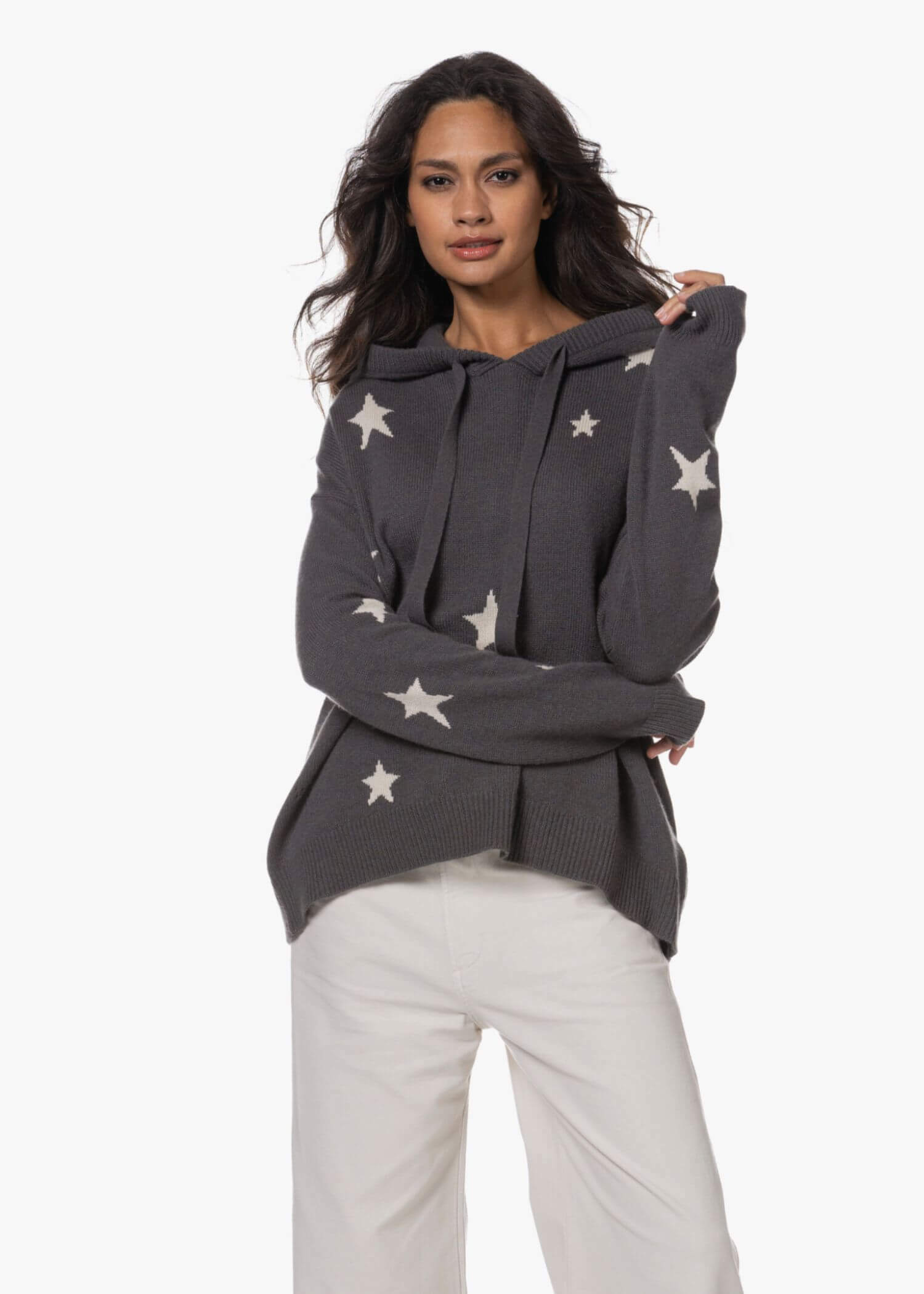 Cashmere Print Hooded Sweater gray  miteigi Women’s Niche  Star Jacquard 100%-Cashmere alpaca woolen Loose Hoodies Sweaters for woman in dark grey Fall Autumn Winter Spring womens fashion season 