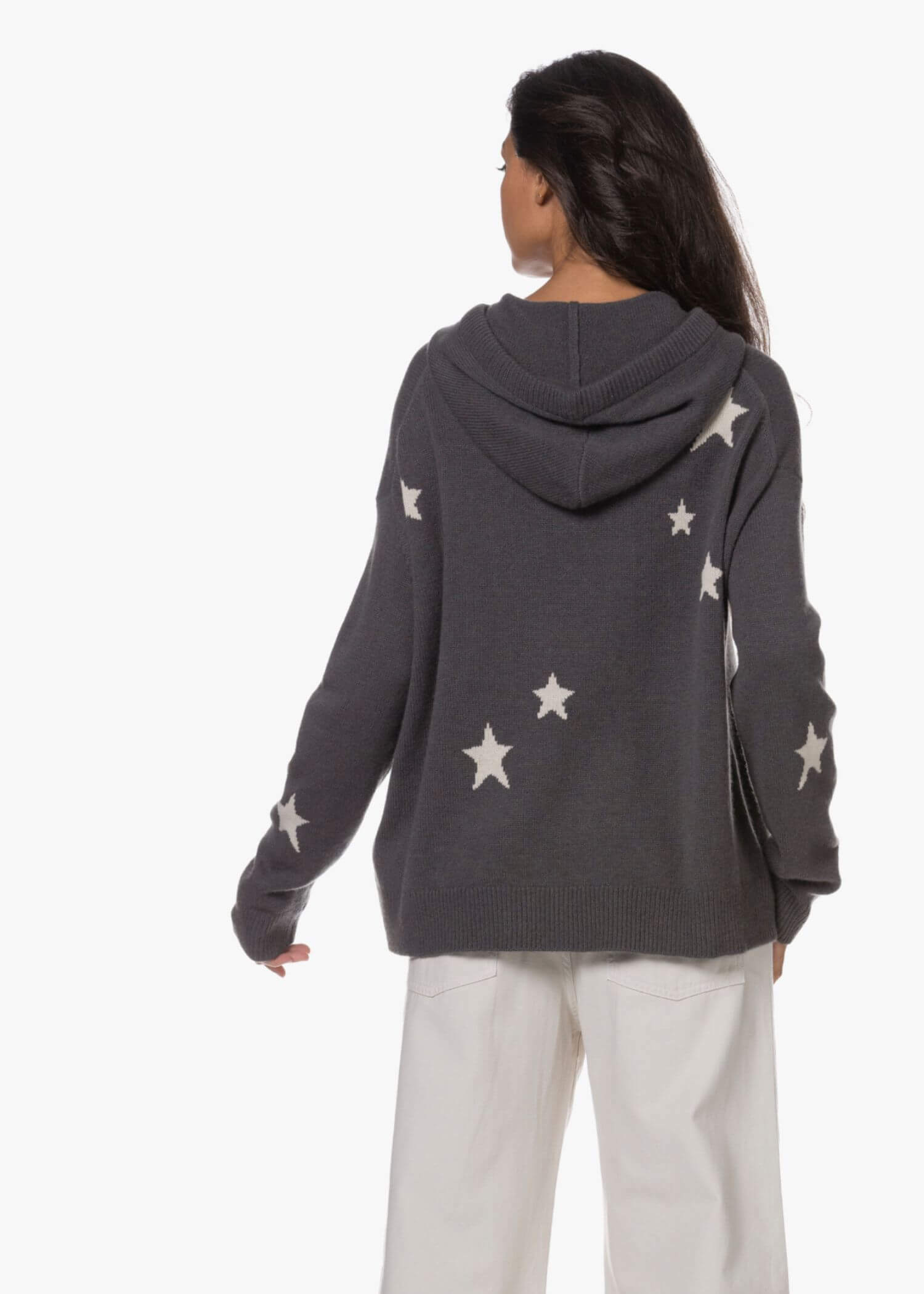 Cashmere Print Hooded Sweater gray  miteigi Women’s Niche  Star Jacquard 100%-Cashmere alpaca woolen Loose Hoodies Sweaters for woman in dark grey Fall Autumn Winter Spring womens fashion season 