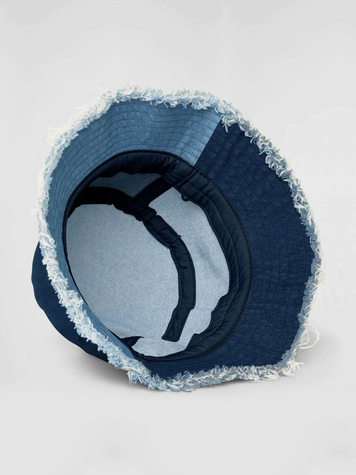 Distressed Denim Bucket Hat miteigi Script Logo   miteigi Logo Branded product item unisex anywear Women’s Men’s 100% Cotton sunshade foldable hats for man woman in patchwork blue Mens Womens Genderful headwear