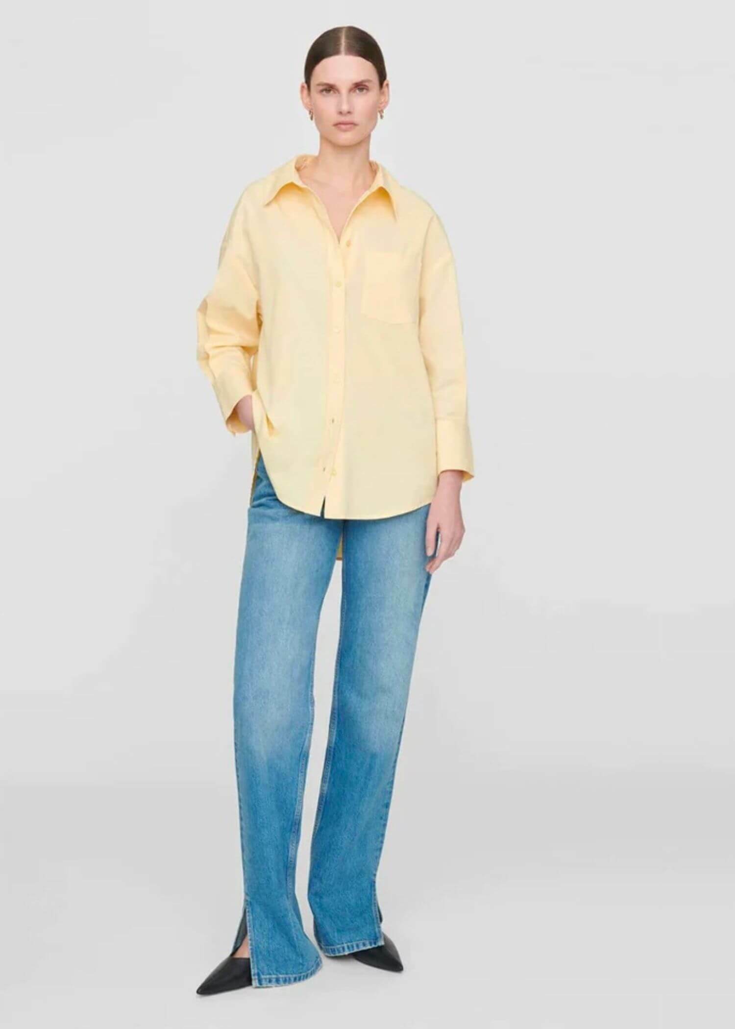 Mika Shirt yellow   miteigi Women's workwear Blouses Tops Versatile Senses Bottoming hem Pocket Annie Bing Brand Design Long sleeves turn-down collar Shirts for woman Spring Summer Fall Autumn womens Fashion season