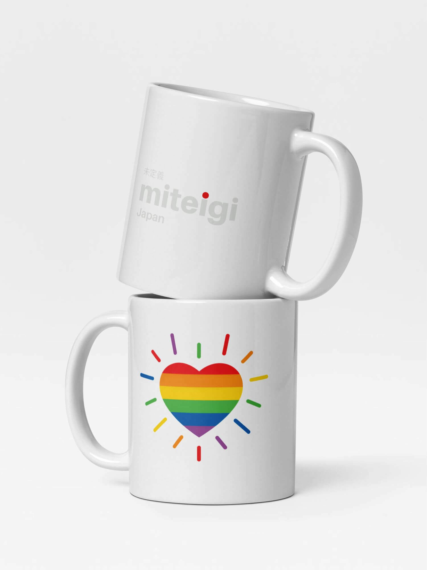 Glossy Rainbow x miteigi Logo Stripe Heart Mug       Cartoon pride character drinks cup coffee, tea, juice, milk drinking cups miteigi branded product item tumblers ceramics in white with multicolor pattern Ceramic Anime Gifts stripes love hearts rainbows lgbtqia pride mugs