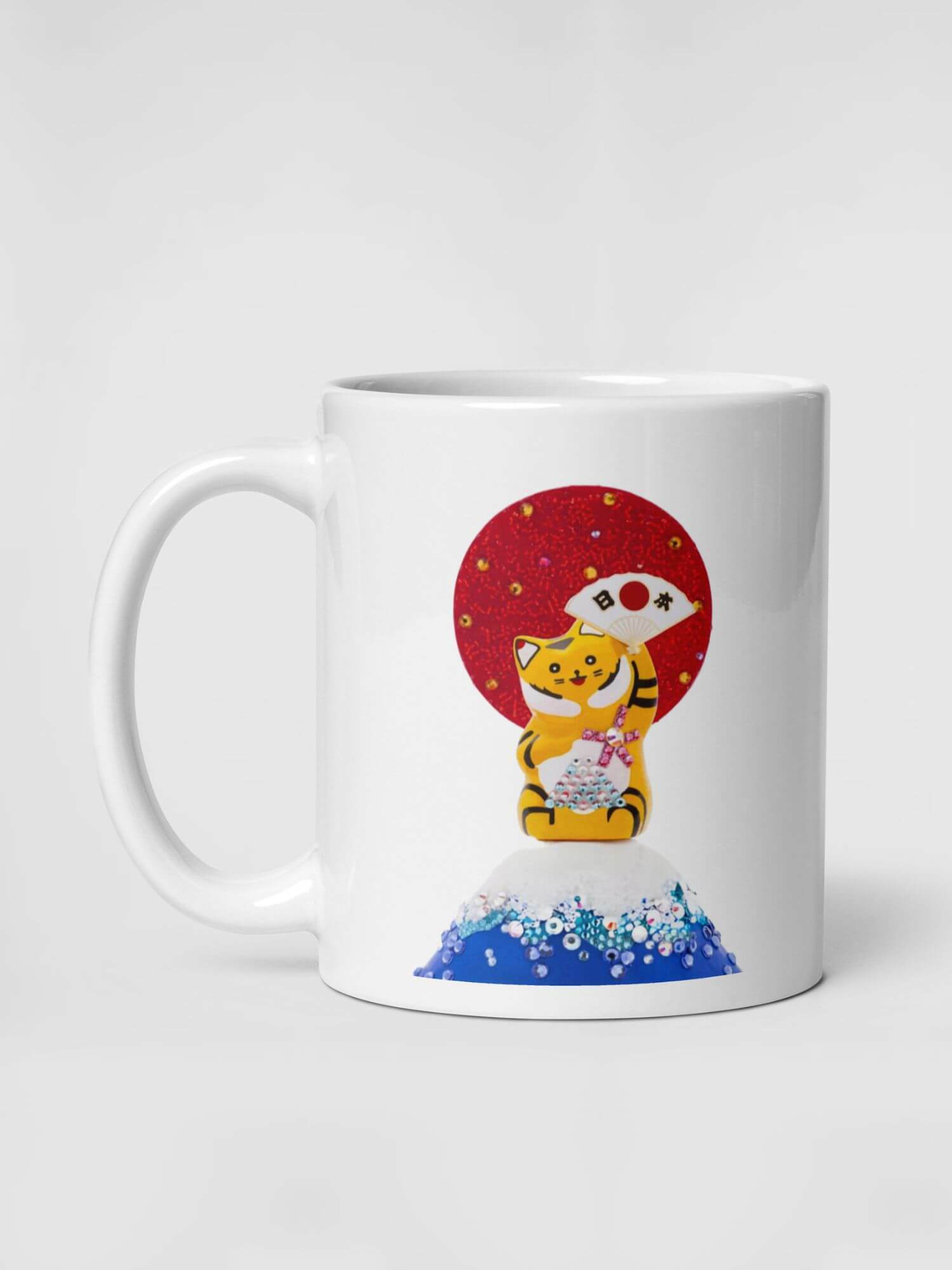 Glossy Mount Fuji Lucky Cat Mug       Japanese drinks cup coffee, tea, juice, milk drinking cups miteigi branded product item tumblers ceramics in white with multicolor pattern Ceramic Anime Gifts mugs