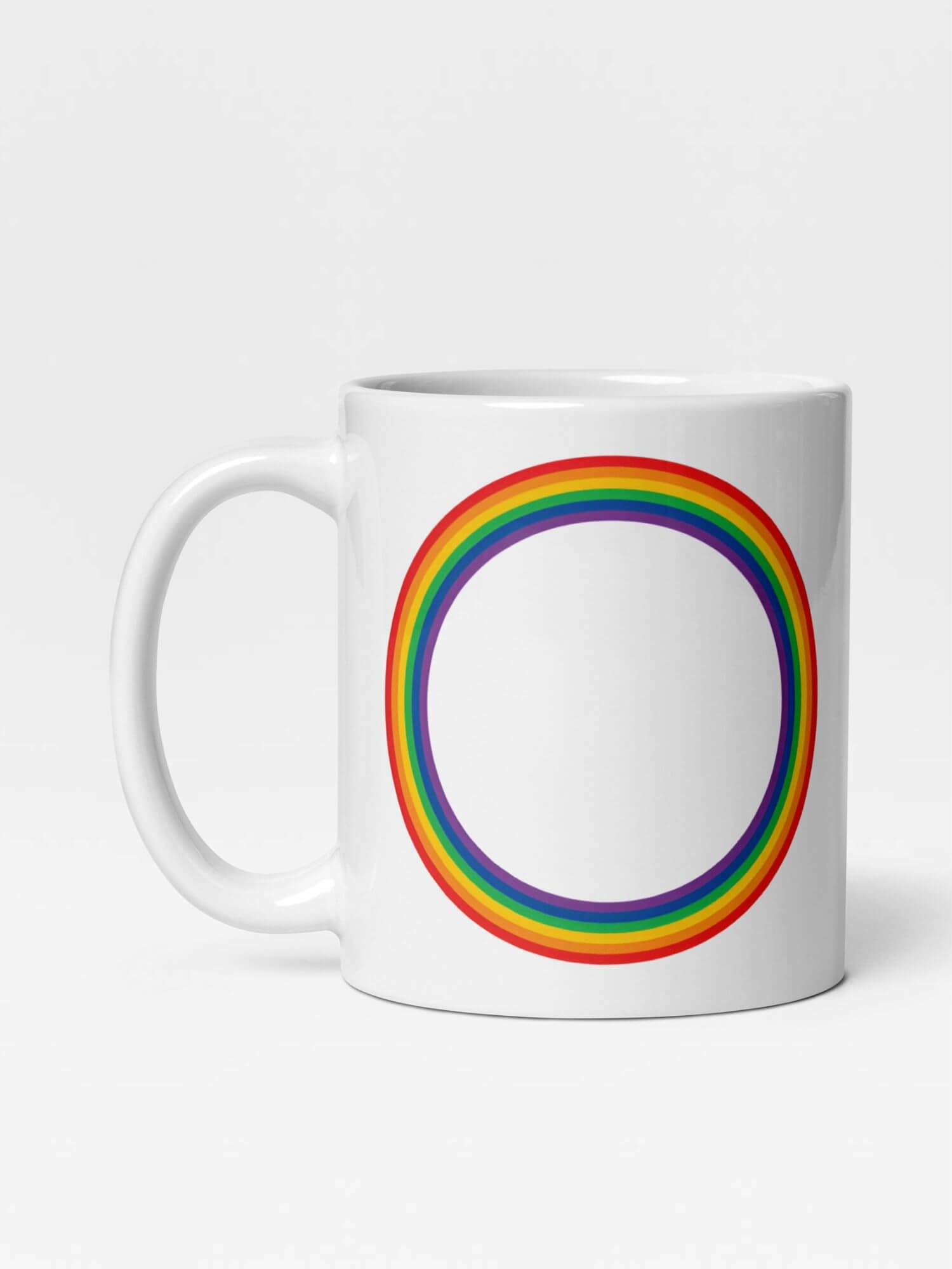 Glossy Circle Rainbow Mug       Cartoon pride character drinks cup coffee, tea, juice, milk drinking cups miteigi branded product item tumblers ceramics in white with multicolor pattern Ceramic Anime Gifts rainbows circles lgbtqia pride mugs