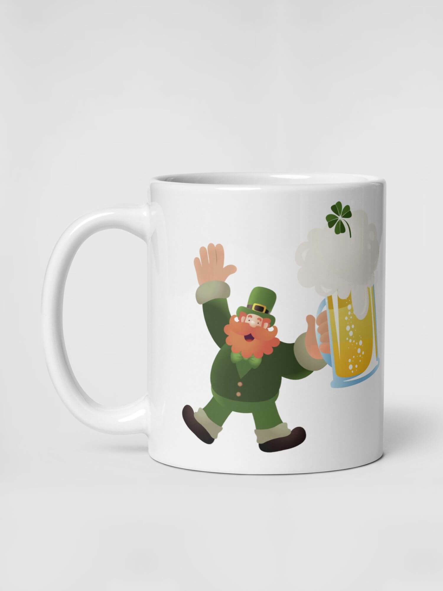 Glossy Irish Mug    Ireland green leprechaun with four leaf shamrock and pint of beer  drinks cup coffee, tea, juice, milk drinking cups miteigi branded product item tumblers ceramics in white with samurai multicolor pattern Ceramic Anime Gifts mugs