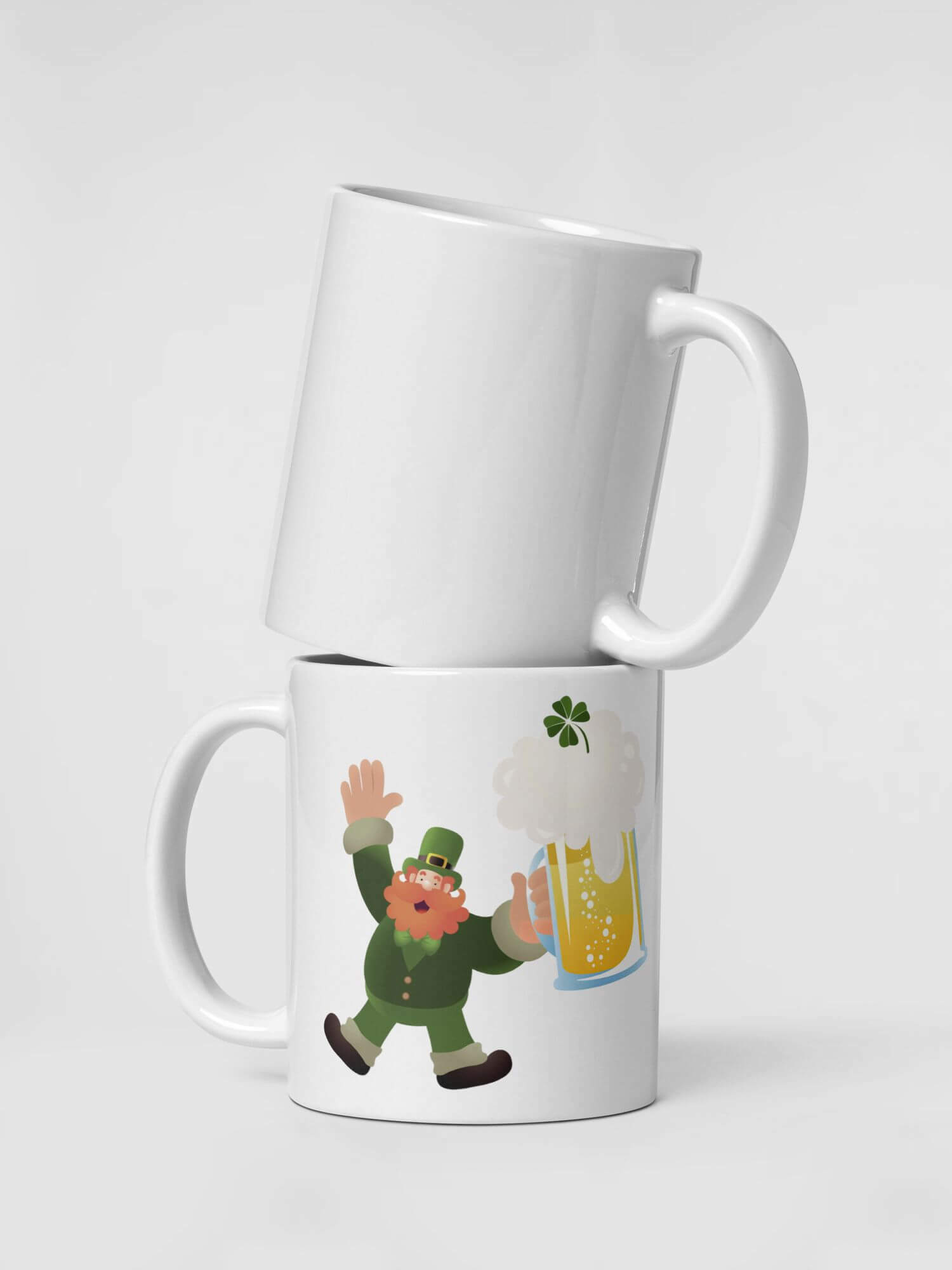 Glossy Irish Mug    Ireland green leprechaun with four leaf shamrock and pint of beer  drinks cup coffee, tea, juice, milk drinking cups miteigi branded product item tumblers ceramics in white with samurai multicolor pattern Ceramic Anime Gifts mugs