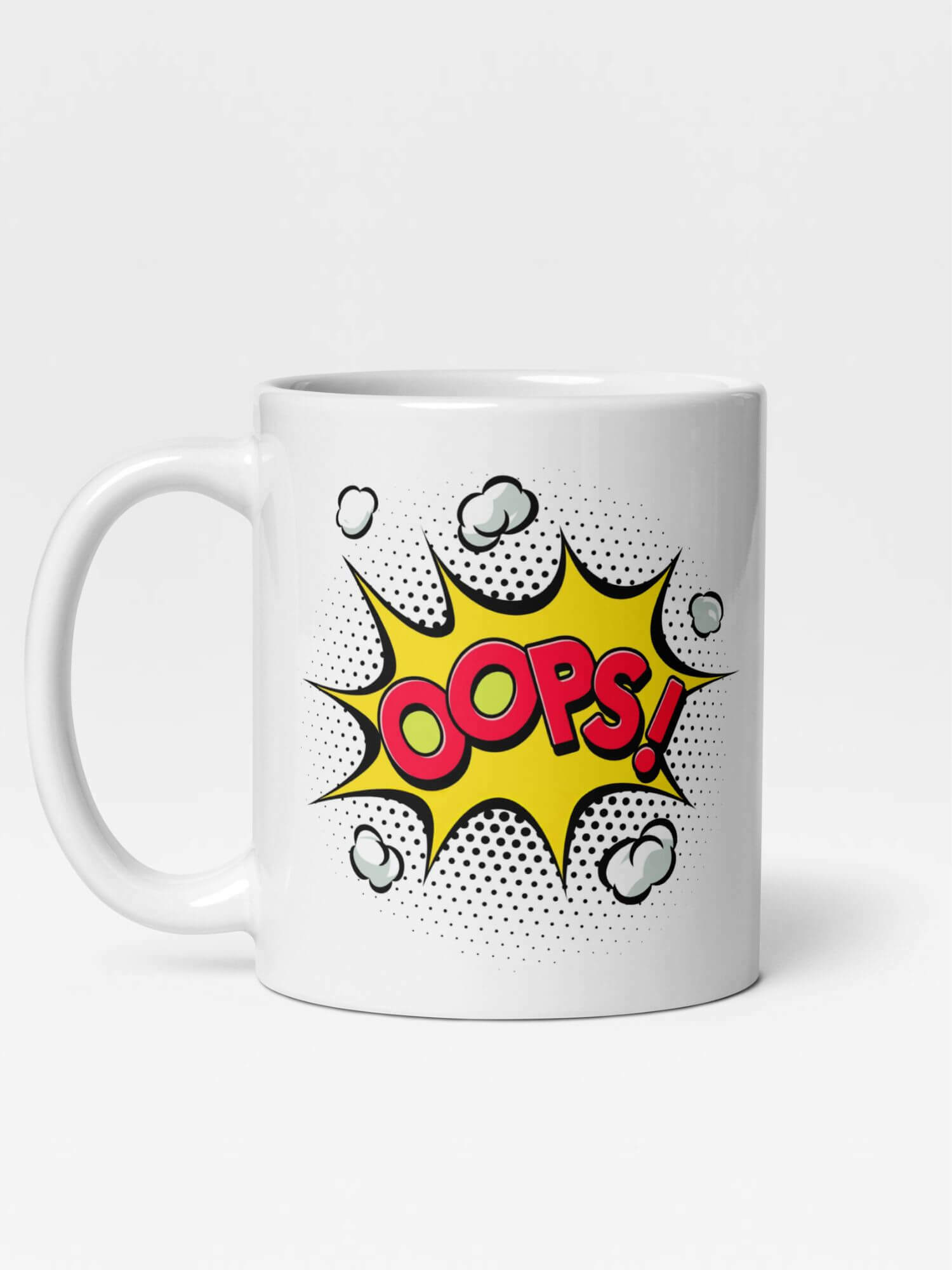 Glossy OOPS! Mug       Cartoon Bang explosions drinks cup coffee, tea, juice, milk drinking cups miteigi branded product item tumblers ceramics in white with multicolor pattern Ceramic Anime Gifts mugs