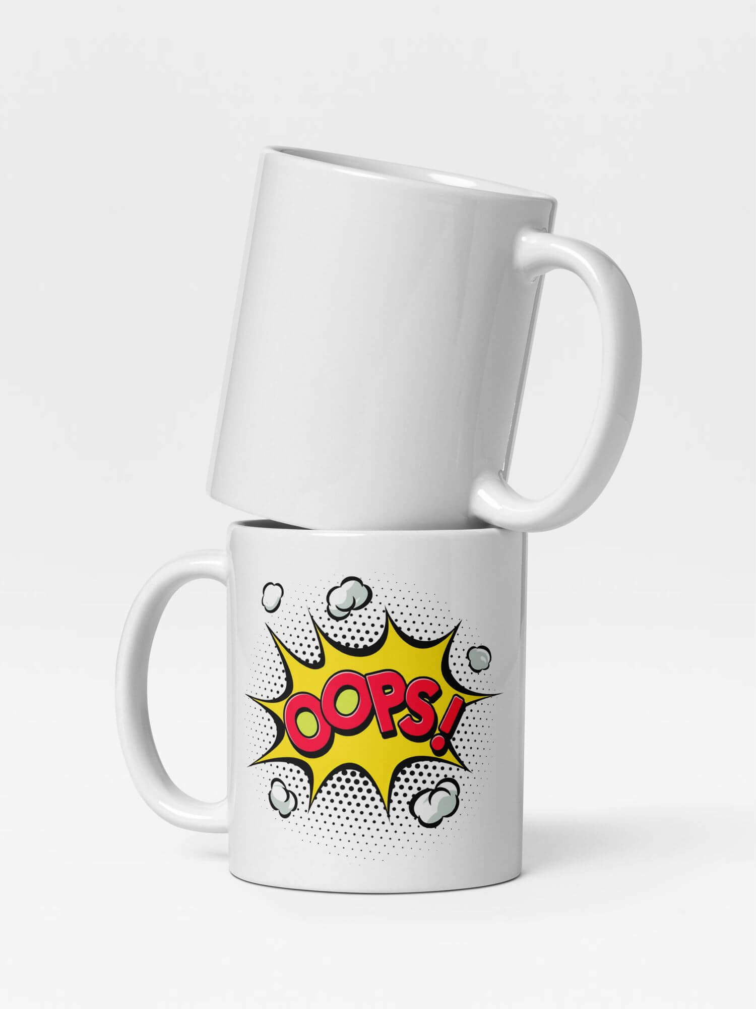 Glossy OOPS! Mug       Cartoon Bang explosions drinks cup coffee, tea, juice, milk drinking cups miteigi branded product item tumblers ceramics in white with multicolor pattern Ceramic Anime Gifts mugs