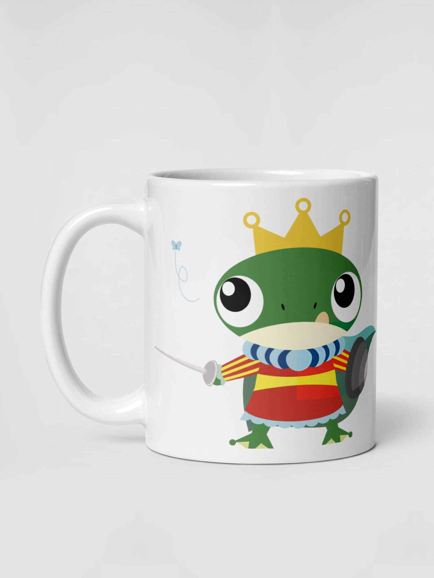 Glossy Majestic Frog Mug        Cartoon Frog animal explosions drinks cup coffee, tea, juice, milk drinking cups miteigi branded product item tumblers ceramics in white with multicolor green swashbuckling sword king knights pattern Ceramic Anime Gifts frogs mugs