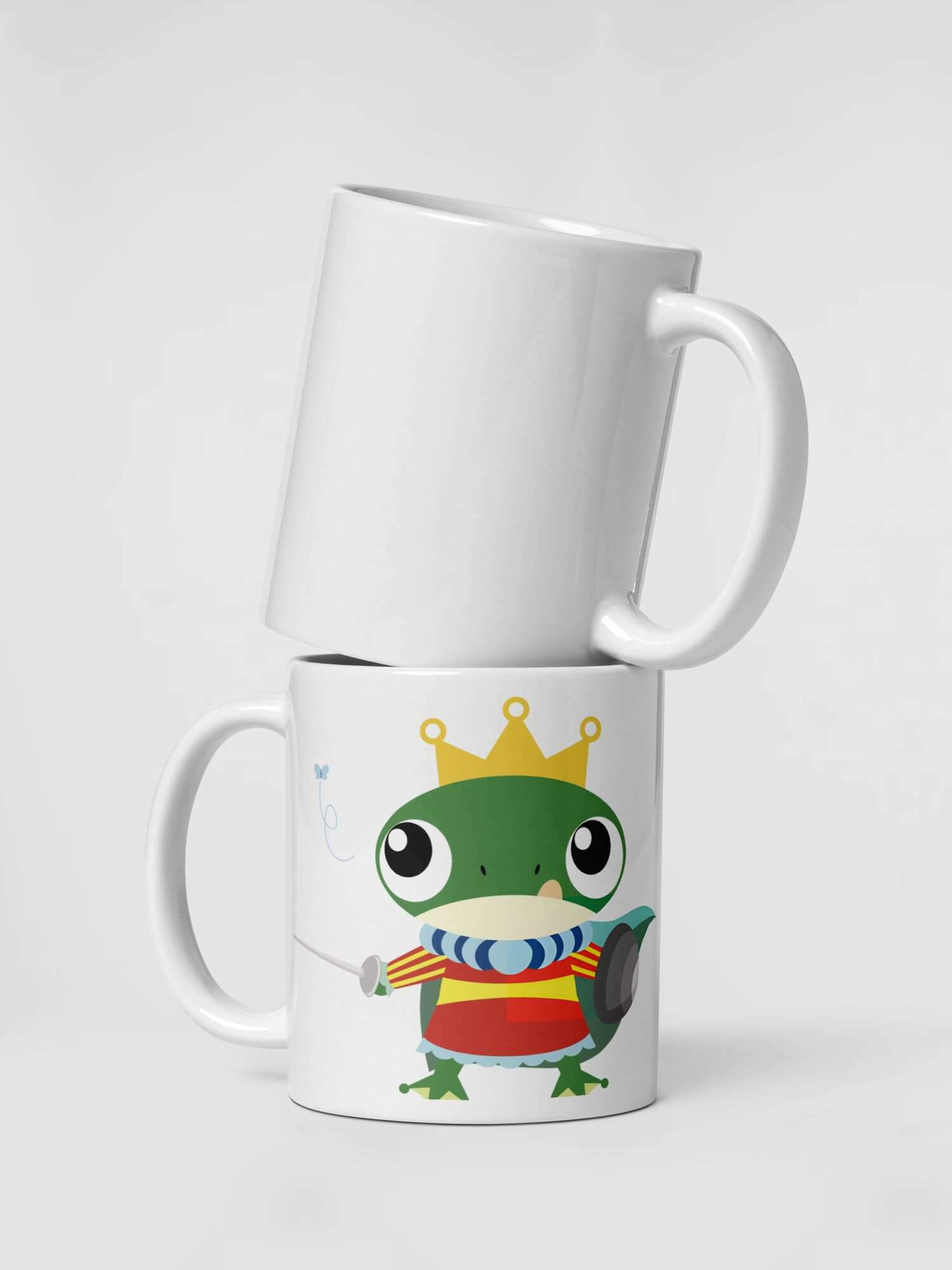 Glossy Majestic Frog Mug        Cartoon Frog animal explosions drinks cup coffee, tea, juice, milk drinking cups miteigi branded product item tumblers ceramics in white with multicolor green swashbuckling sword king knights pattern Ceramic Anime Gifts frogs mugs