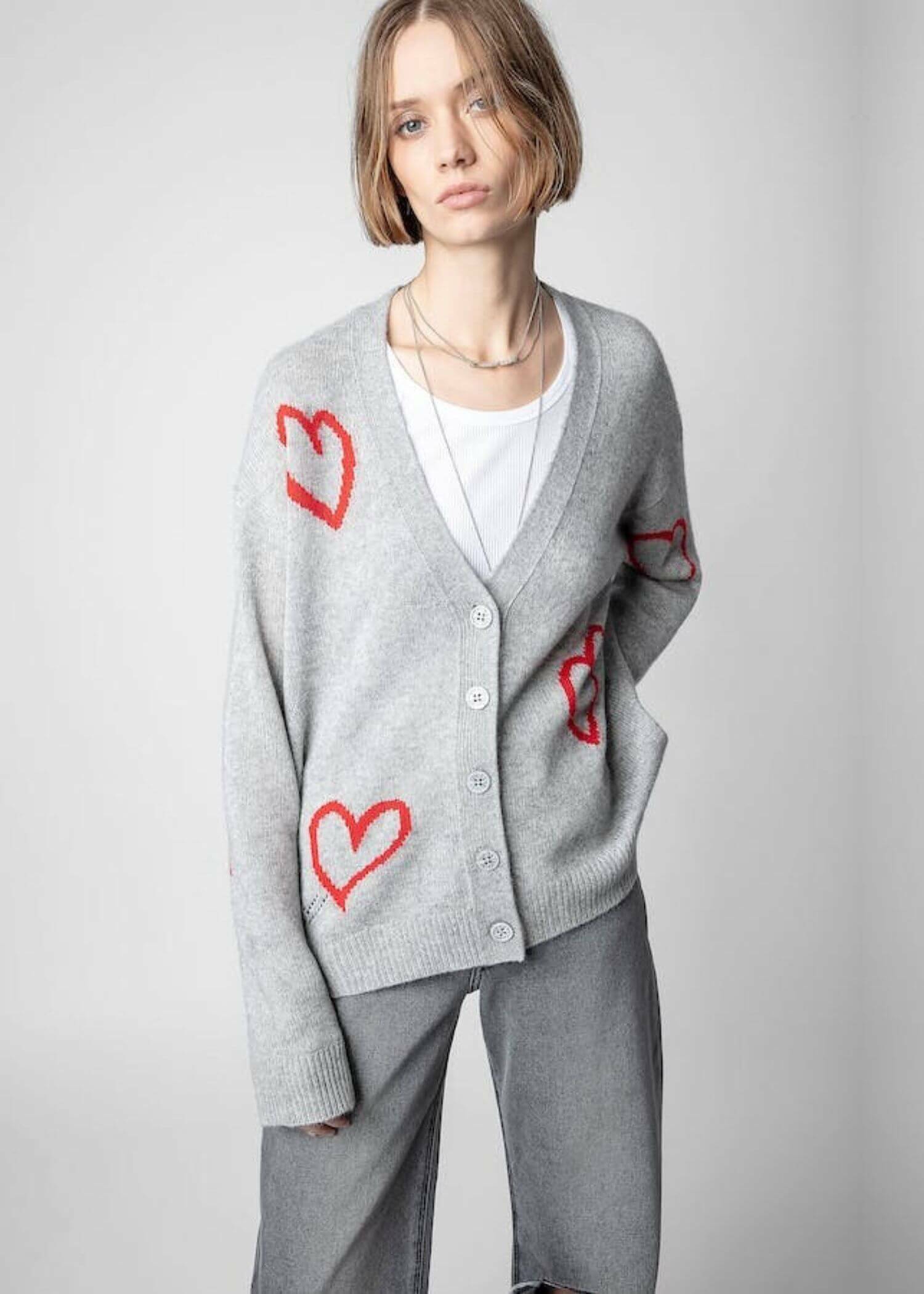 Mirka Hearts Cardigan  miteigi Women's Tops Red Love Jacquard Under The Spread Of V-neck irregular hem long sleeves Sweaters cardigans for woman in Gray Early Spring Summer Fall Autumn womens fashion season in light gray Zadig & Voltaire style