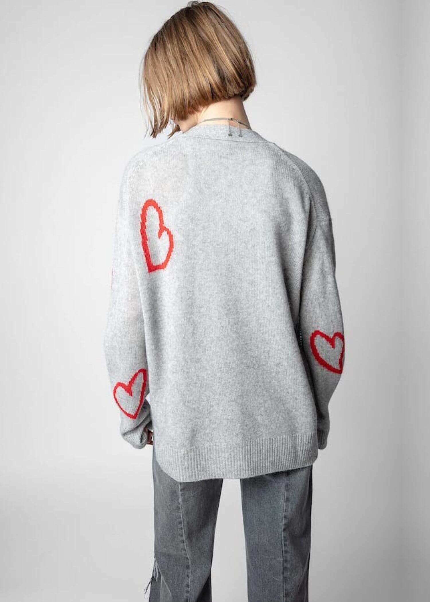 Mirka Hearts Cardigan  miteigi Women's Tops Red Love Jacquard Under The Spread Of V-neck irregular hem long sleeves Sweaters cardigans for woman in Gray Early Spring Summer Fall Autumn womens fashion season in light gray Zadig & Voltaire style