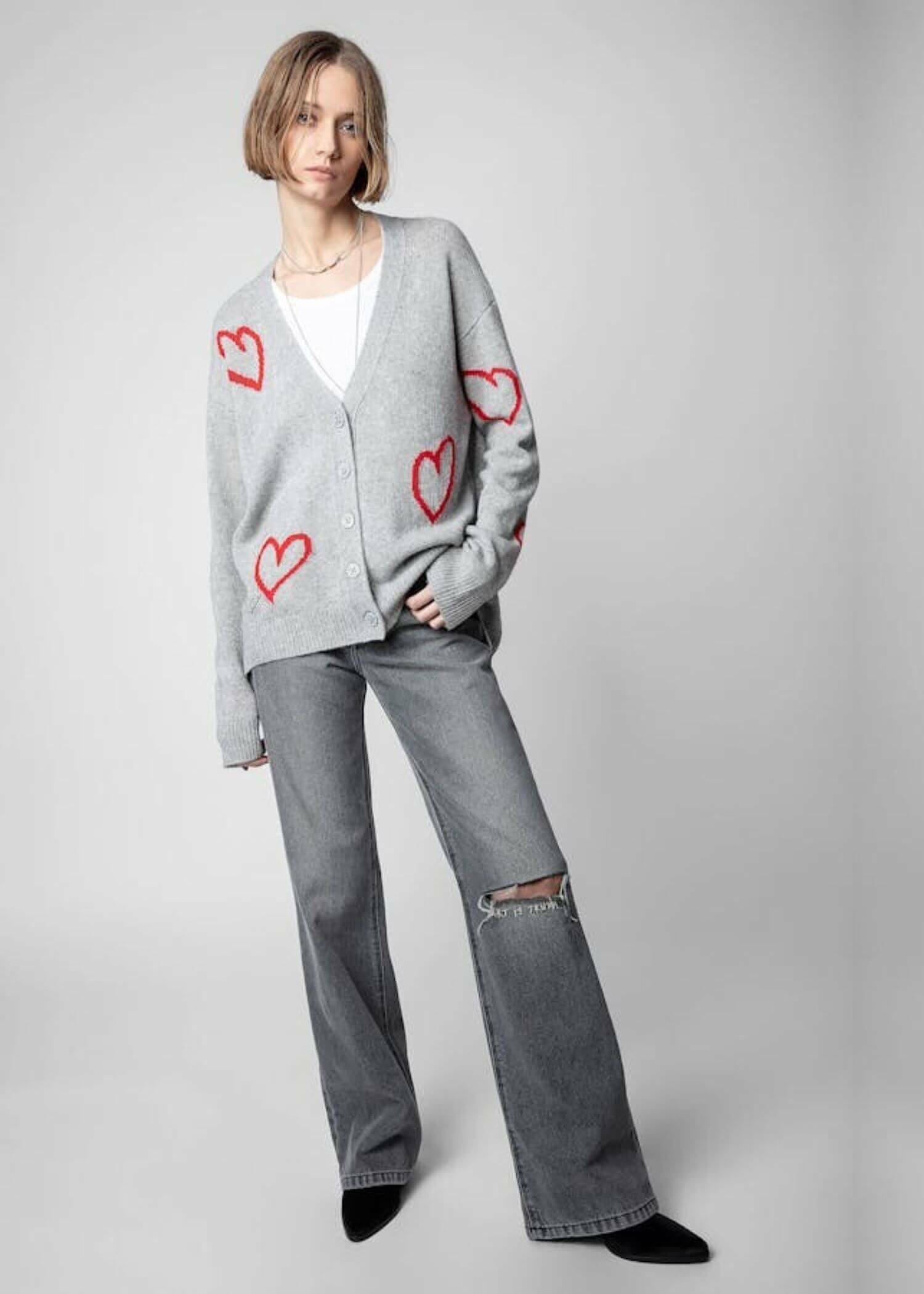 Mirka Hearts Cardigan  miteigi Women's Tops Red Love Jacquard Under The Spread Of V-neck irregular hem long sleeves Sweaters cardigans for woman in Gray Early Spring Summer Fall Autumn womens fashion season in light gray Zadig & Voltaire style