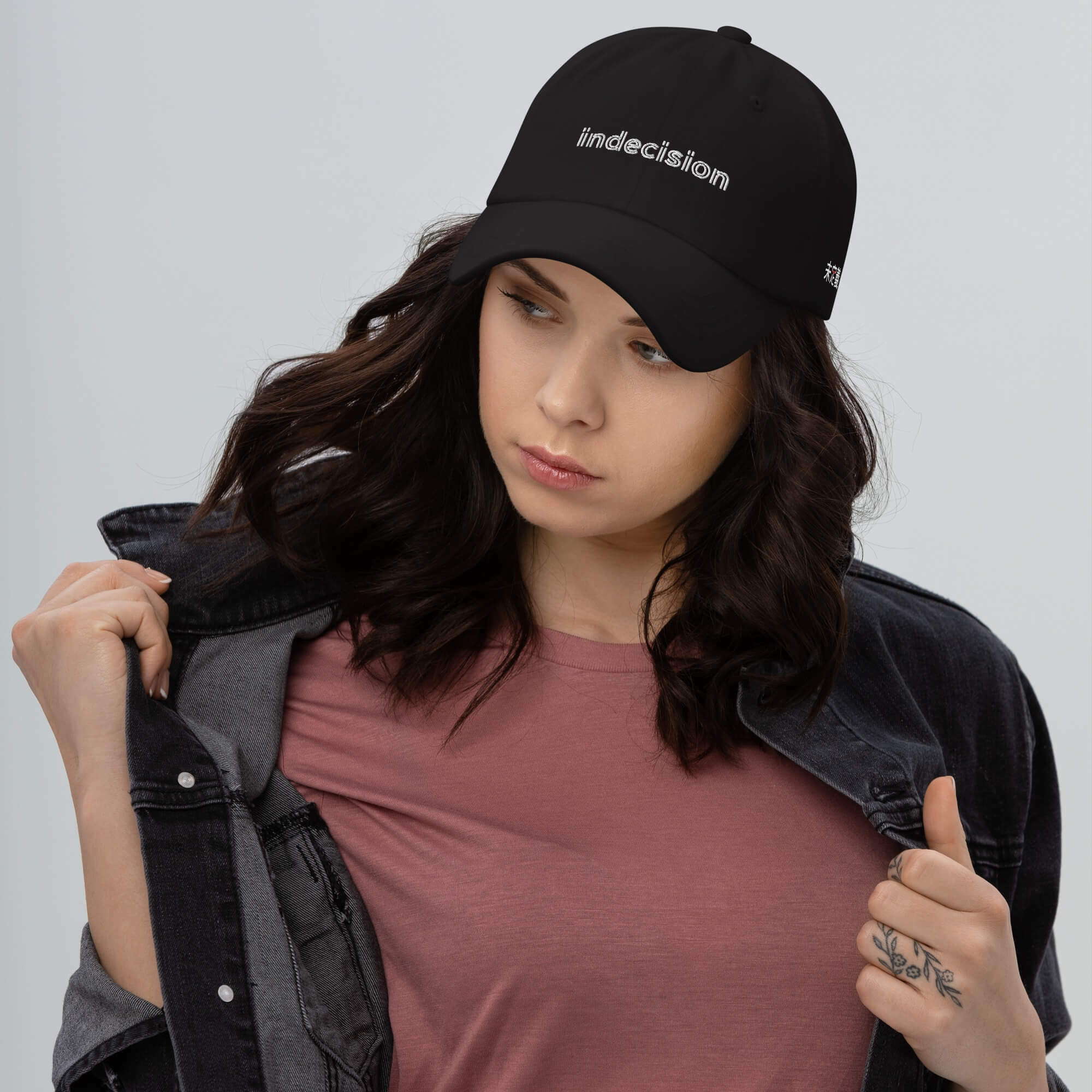 Dad Hat black   Women’s Men’s anywear Fitness Sports Activewear Indecision undefined by miteigi Branded product item gym yoga unisex indecisions baseball caps for woman man in black with platinum red letter Mens Womens headwear hats