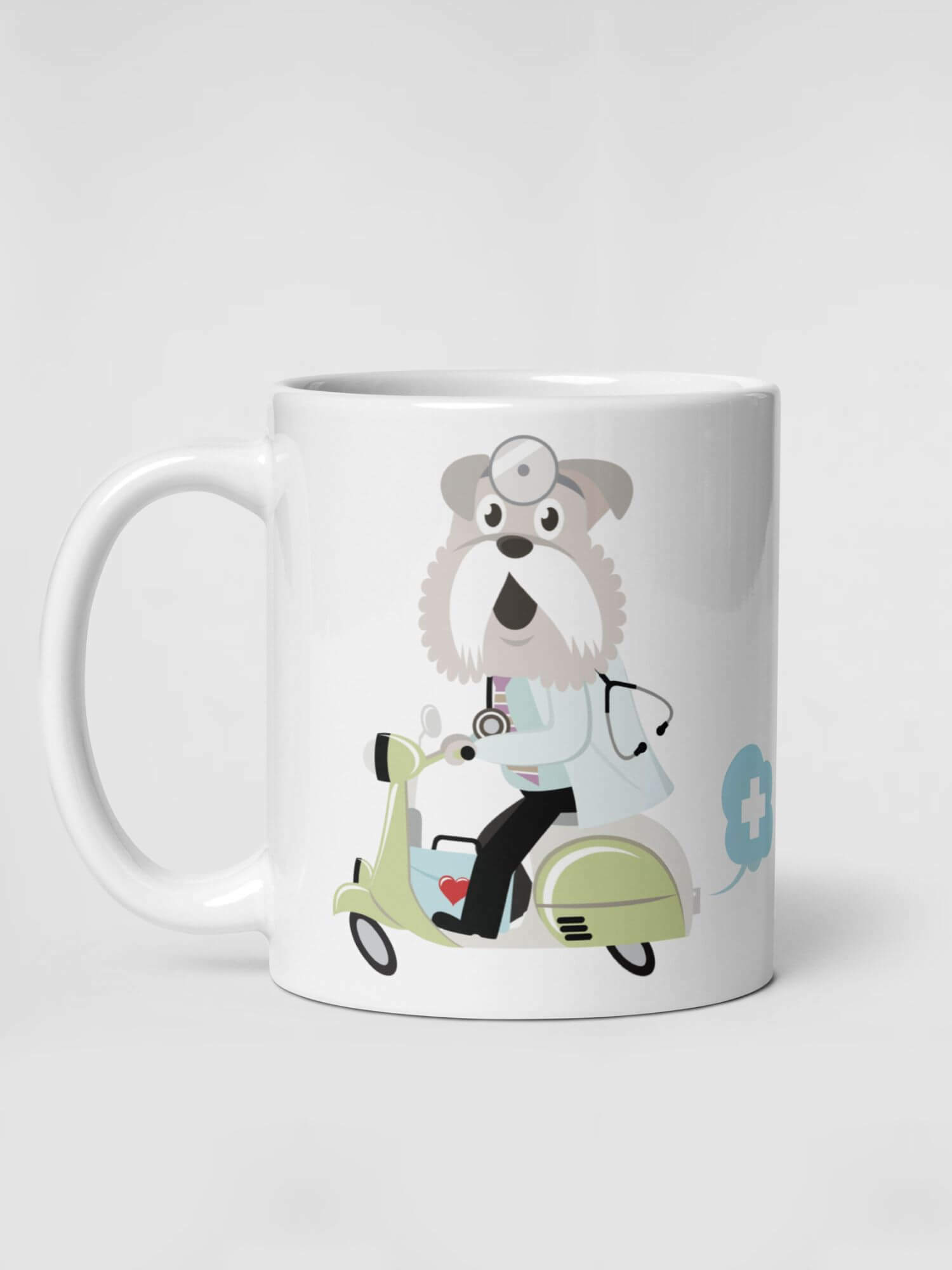 Glossy Doctor Dog Mug           Cartoon motor bike scooter moped drinks cup coffee, tea, juice, milk drinking cups miteigi branded product item tumblers ceramics in white with blue green multicolor pattern Ceramic Anime Doctors dogs Gifts mugs