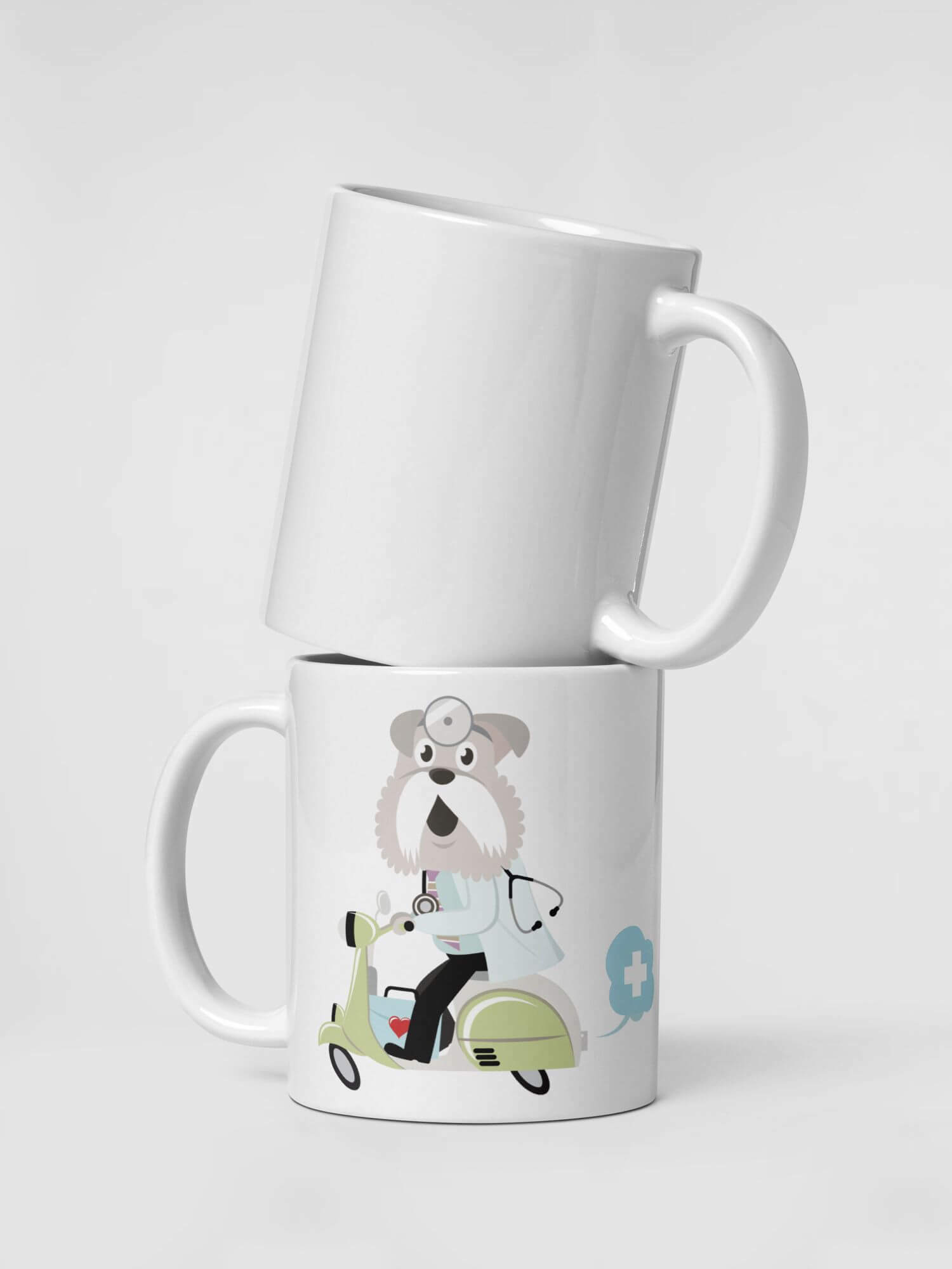 Glossy Doctor Dog Mug           Cartoon motor bike scooter moped drinks cup coffee, tea, juice, milk drinking cups miteigi branded product item tumblers ceramics in white with blue green multicolor pattern Ceramic Anime Doctors dogs Gifts mugs