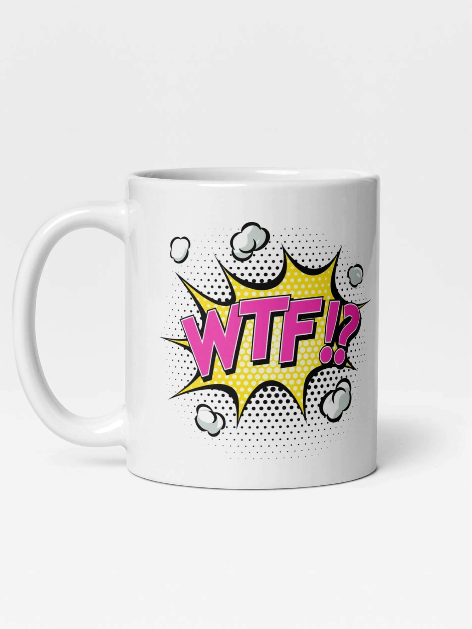 Glossy WTF!? Mug          Cartoon What The Fuck cup coffee, tea, juice, milk drinking cups miteigi branded product item tumblers ceramics in white with multicolor red yellow pattern Ceramic Anime Gifts mugs