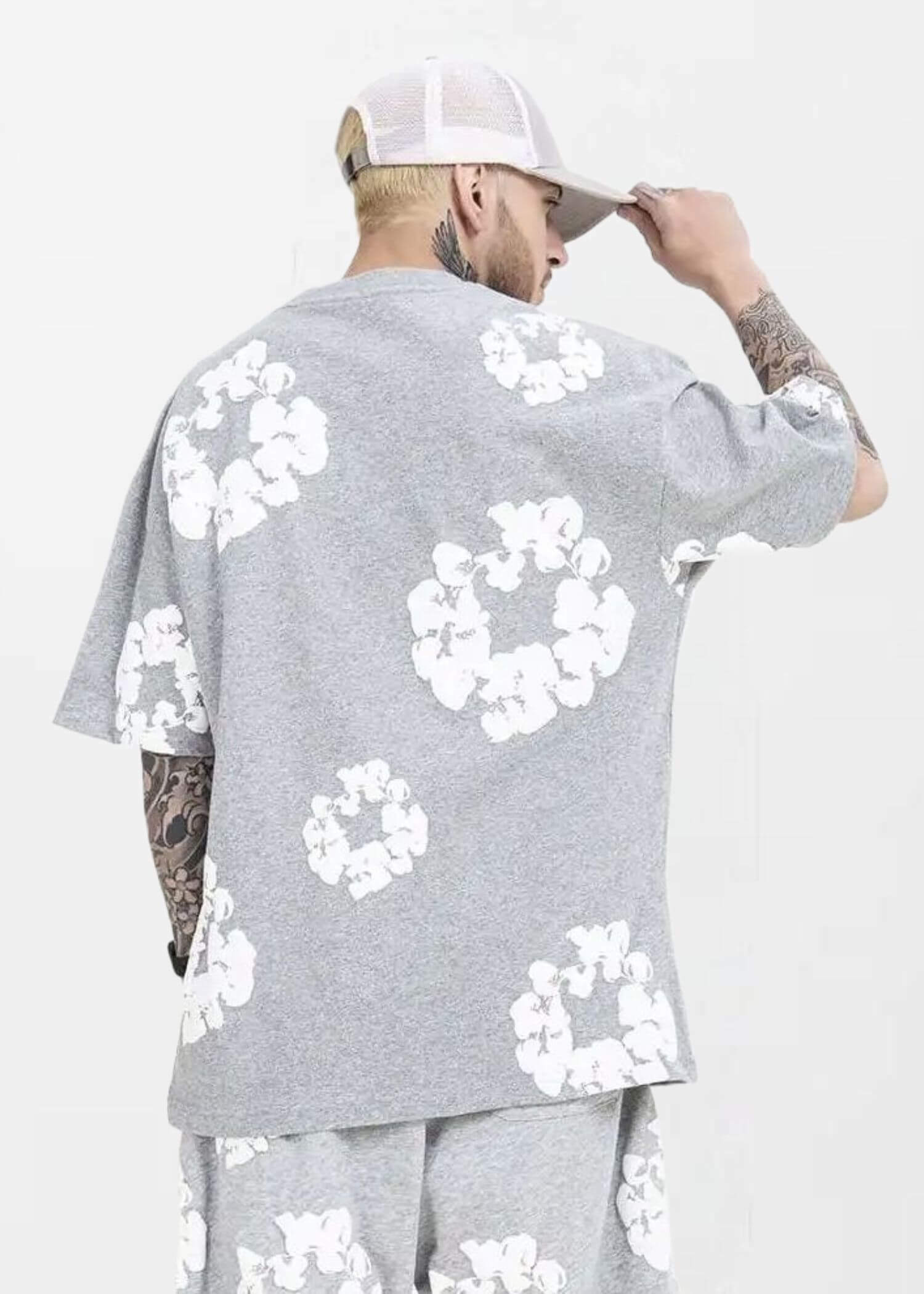 Floral Foam T Shirt gray  miteigi Men’s Crewneck round o-neck short sleeves Kapok flower Printed Harajuku Oversized Top Vintage Hip Hop Tops T-Shirts for man in light grey Kanye 3D three-dimensional crew neck Streetwear mens Tall plus size Clothes