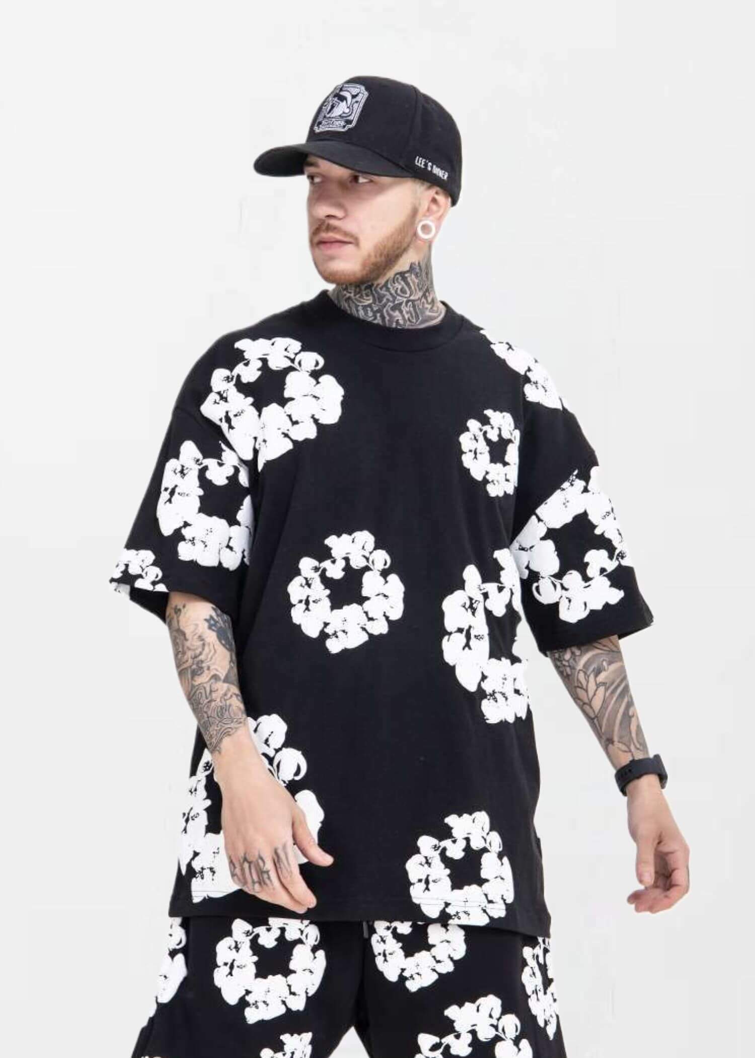 Floral Foam T Shirt black  miteigi Men’s Crewneck round o-neck short sleeves Kapok flower Printed Harajuku Oversized Top Vintage Hip Hop Tops T-Shirts for man Kanye 3D three-dimensional crew neck Streetwear mens Tall plus size Clothes