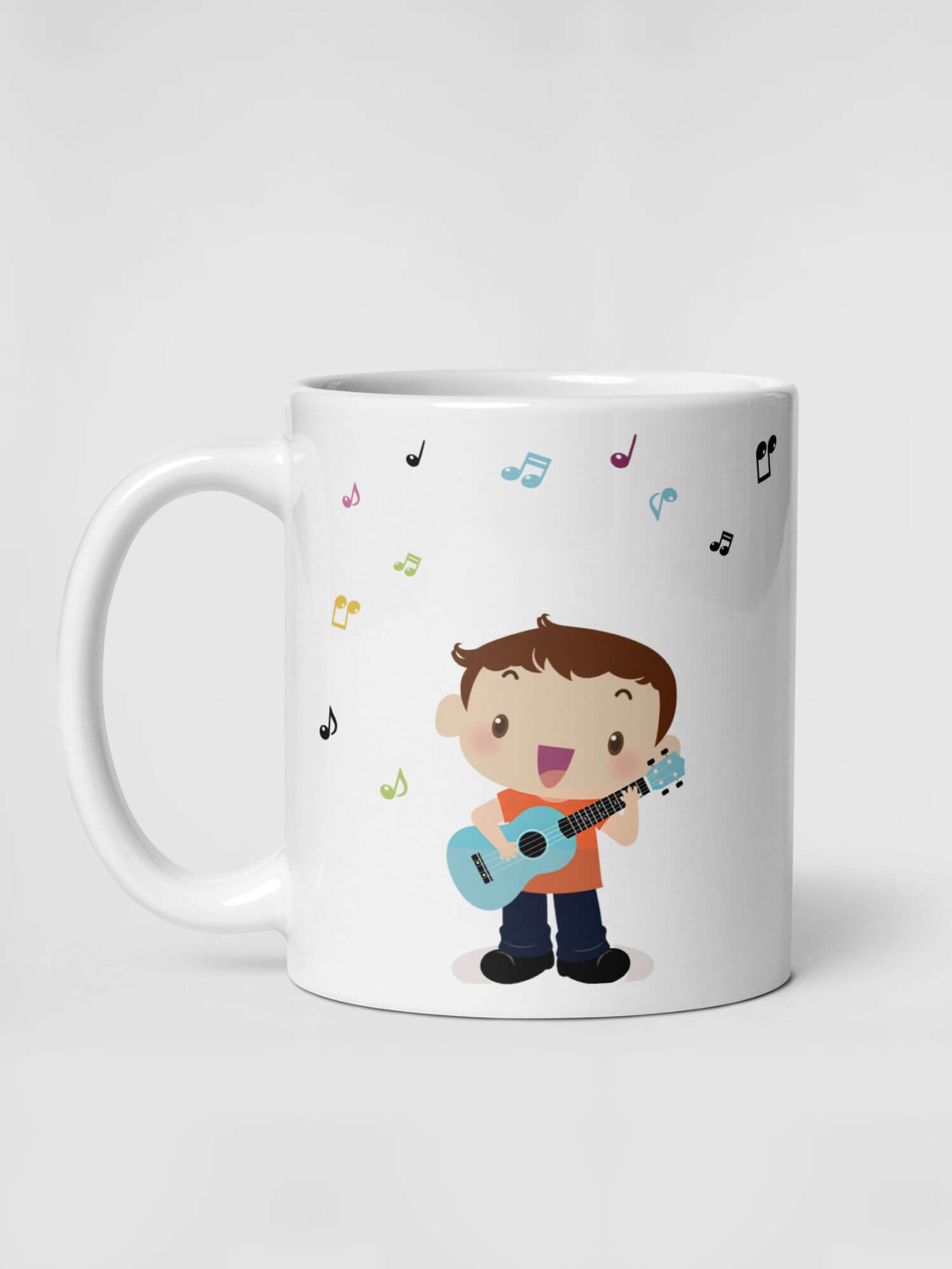 Glossy Serenade Boy Mug            Cartoon singing seranading drinks cup coffee, tea, juice, milk drinking cups miteigi branded product item tumblers ceramics in white with brown black pattern Ceramic Anime guitars musical notes boys Gifts singers serenade fiesta mugs