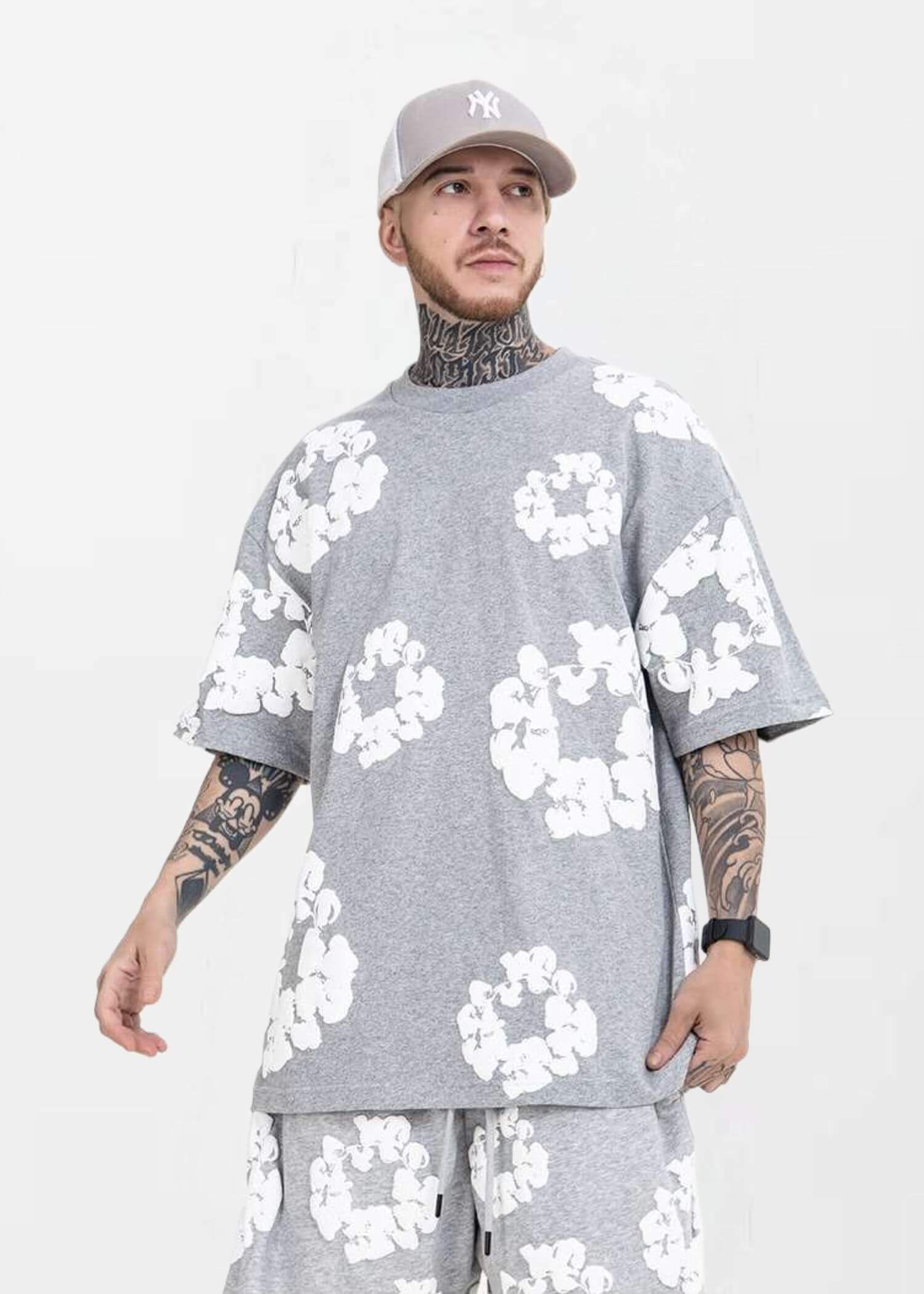 Floral Foam T Shirt gray  miteigi Men’s Crewneck round o-neck short sleeves Kapok flower Printed Harajuku Oversized Top Vintage Hip Hop Tops T-Shirts for man in light grey Kanye 3D three-dimensional crew neck Streetwear mens Tall plus size Clothes