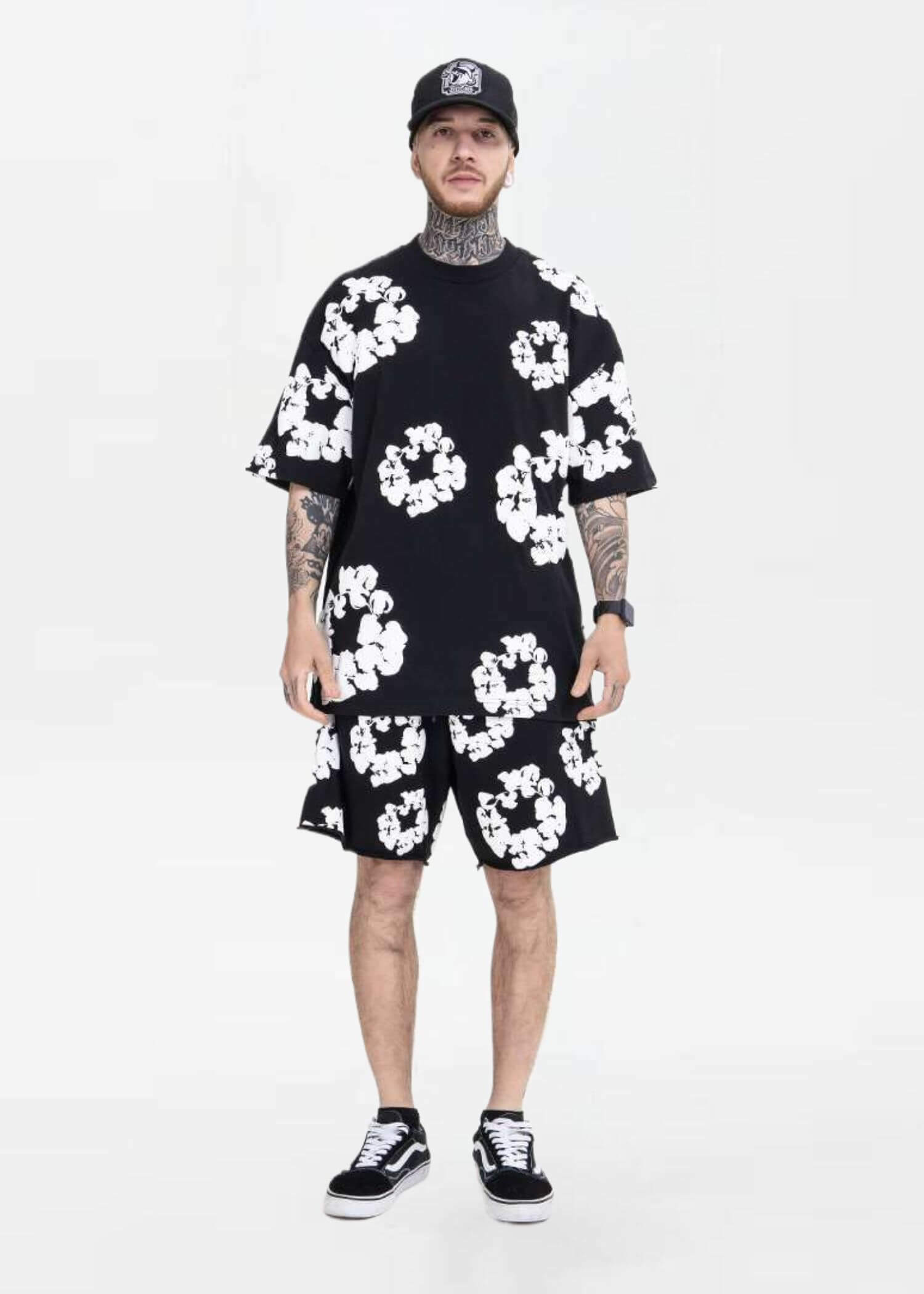 Floral Foam T Shirt black  miteigi Men’s Crewneck round o-neck short sleeves Kapok flower Printed Harajuku Oversized Top Vintage Hip Hop Tops T-Shirts for man Kanye 3D three-dimensional crew neck Streetwear mens Tall plus size Clothes