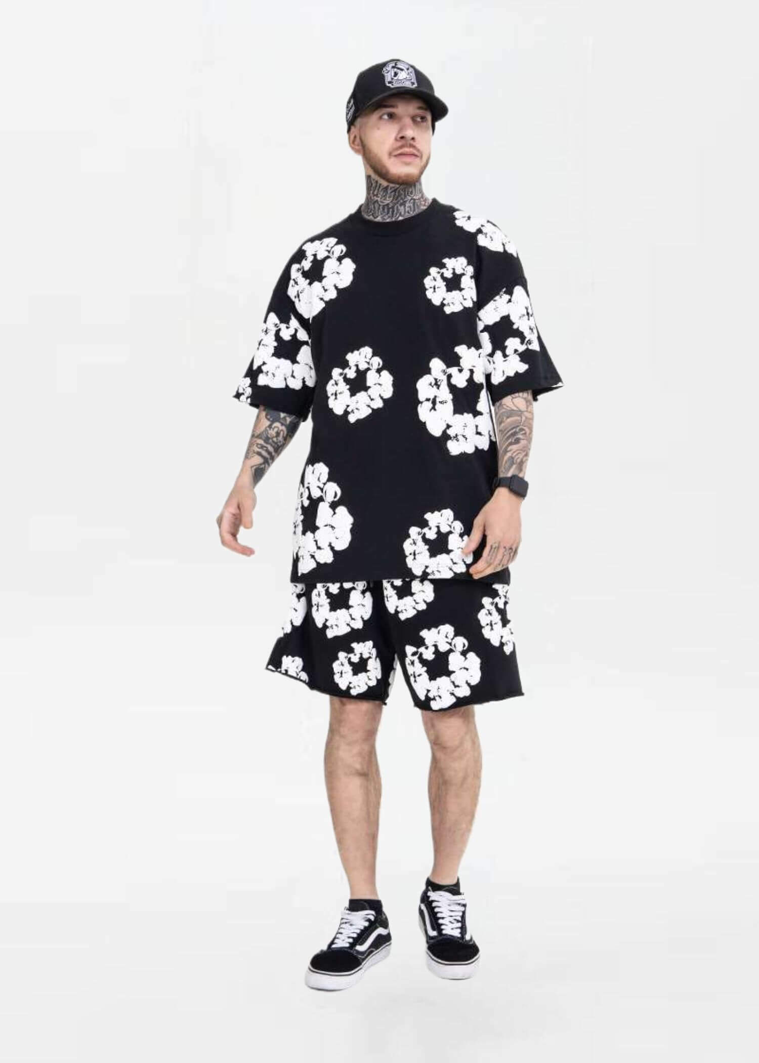 Floral Foam T Shirt black  miteigi Men’s Crewneck round o-neck short sleeves Kapok flower Printed Harajuku Oversized Top Vintage Hip Hop Tops T-Shirts for man Kanye 3D three-dimensional crew neck Streetwear mens Tall plus size Clothes