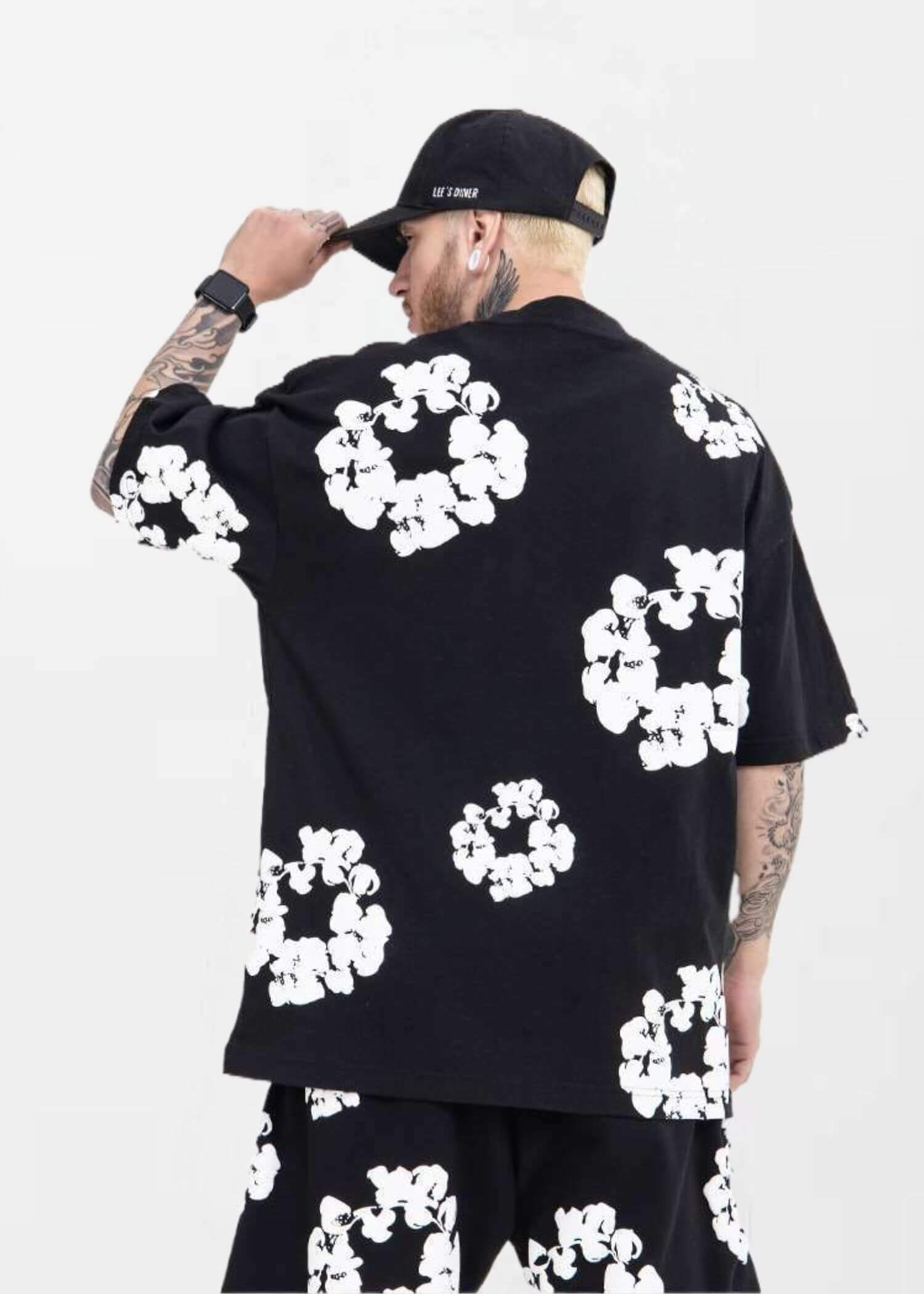 Floral Foam T Shirt black  miteigi Men’s Crewneck round o-neck short sleeves Kapok flower Printed Harajuku Oversized Top Vintage Hip Hop Tops T-Shirts for man Kanye 3D three-dimensional crew neck Streetwear mens Tall plus size Clothes