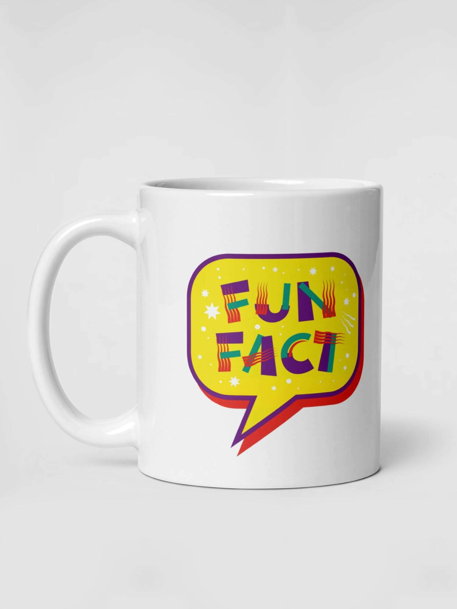 Glossy Fun Fact Mug             Cartoon symbols drinks cup coffee, tea, juice, milk drinking cups miteigi branded product item tumblers ceramics in white with RED YELLOW multicolor pattern Ceramic Anime bubble speech sign Gifts mugs