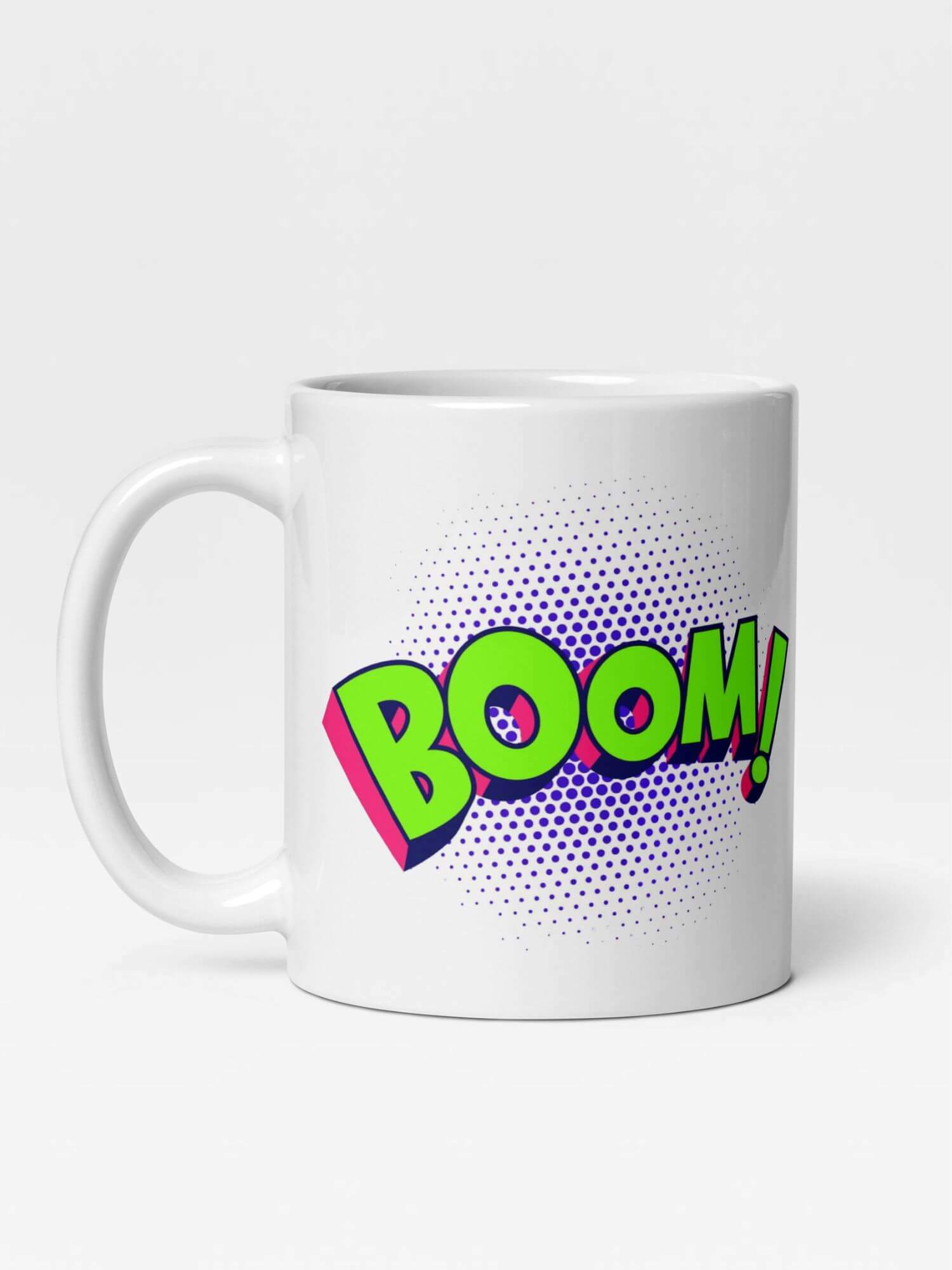 Glossy BOOM! Mug                 Cartoon ka boom drinks cup coffee, tea, juice, milk drinking cups miteigi branded product item tumblers ceramics in white with green blue pattern Ceramic Anime bang kaboom Gifts mugs