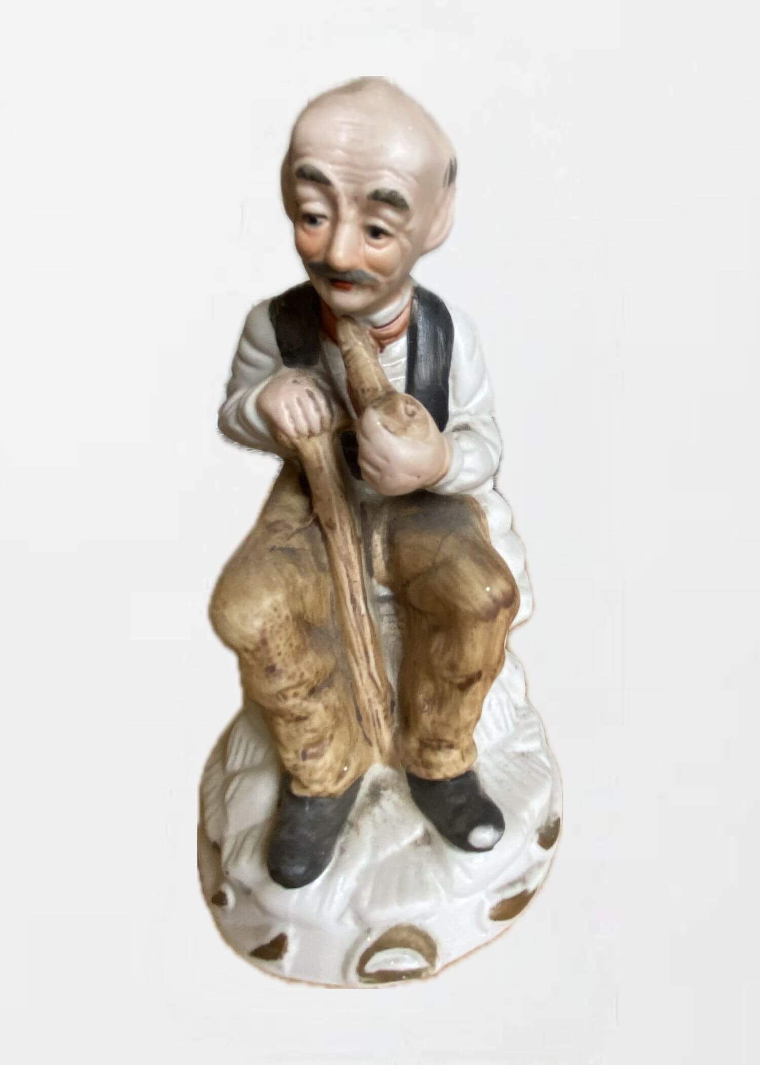 Bisque Porcelain Man with Walking Stick cane and smoking pipe  Vintage Grandfather Figurine Made in Taiwan ceramic granddad collection Elderly old gentleman Collectors decorative objects home decor classic antiques