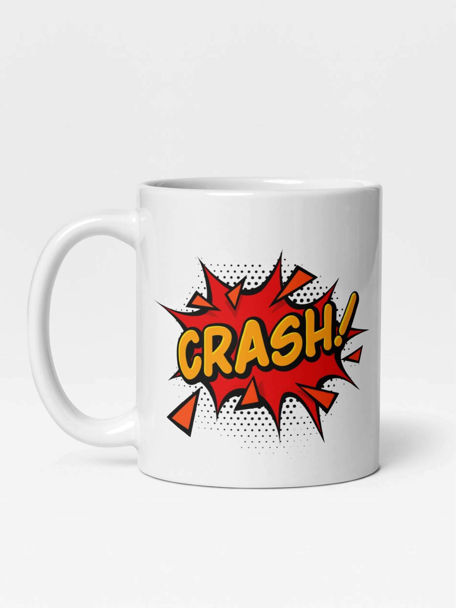 Glossy CRASH! Mug                  Cartoon ka boom drinks cup coffee, tea, juice, milk drinking cups miteigi branded product item tumblers ceramics in white with red orange pattern Ceramic Anime crashing bang wallop crashes kaboom Gifts mugs