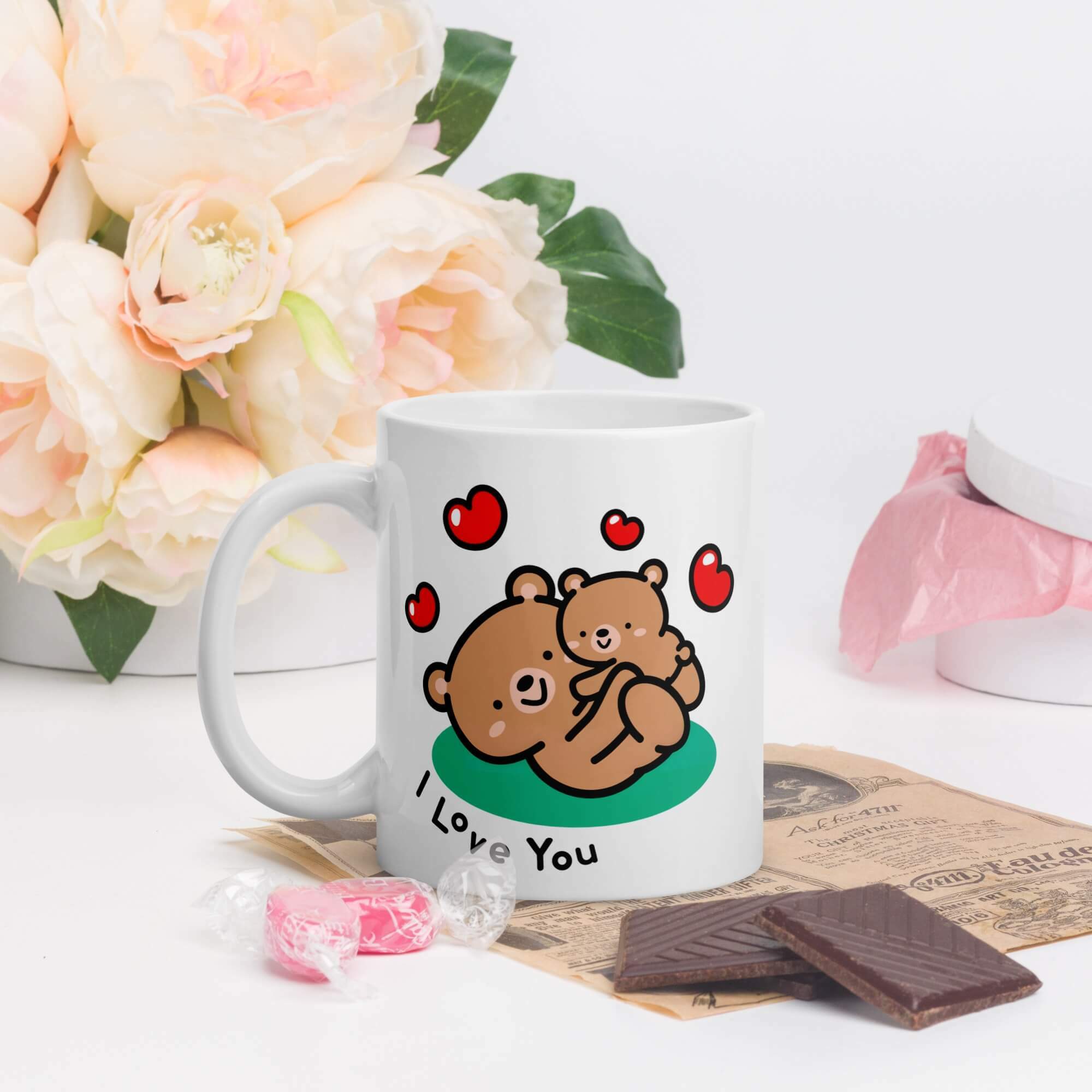 Glossy Bear Love Mug           Cartoon I LOVE YOU animal drinks cup coffee, tea, juice, milk drinking cups miteigi branded product item tumblers ceramics in white with brown multicolor pattern Ceramic Anime Teddy bears hearts Gifts mugs