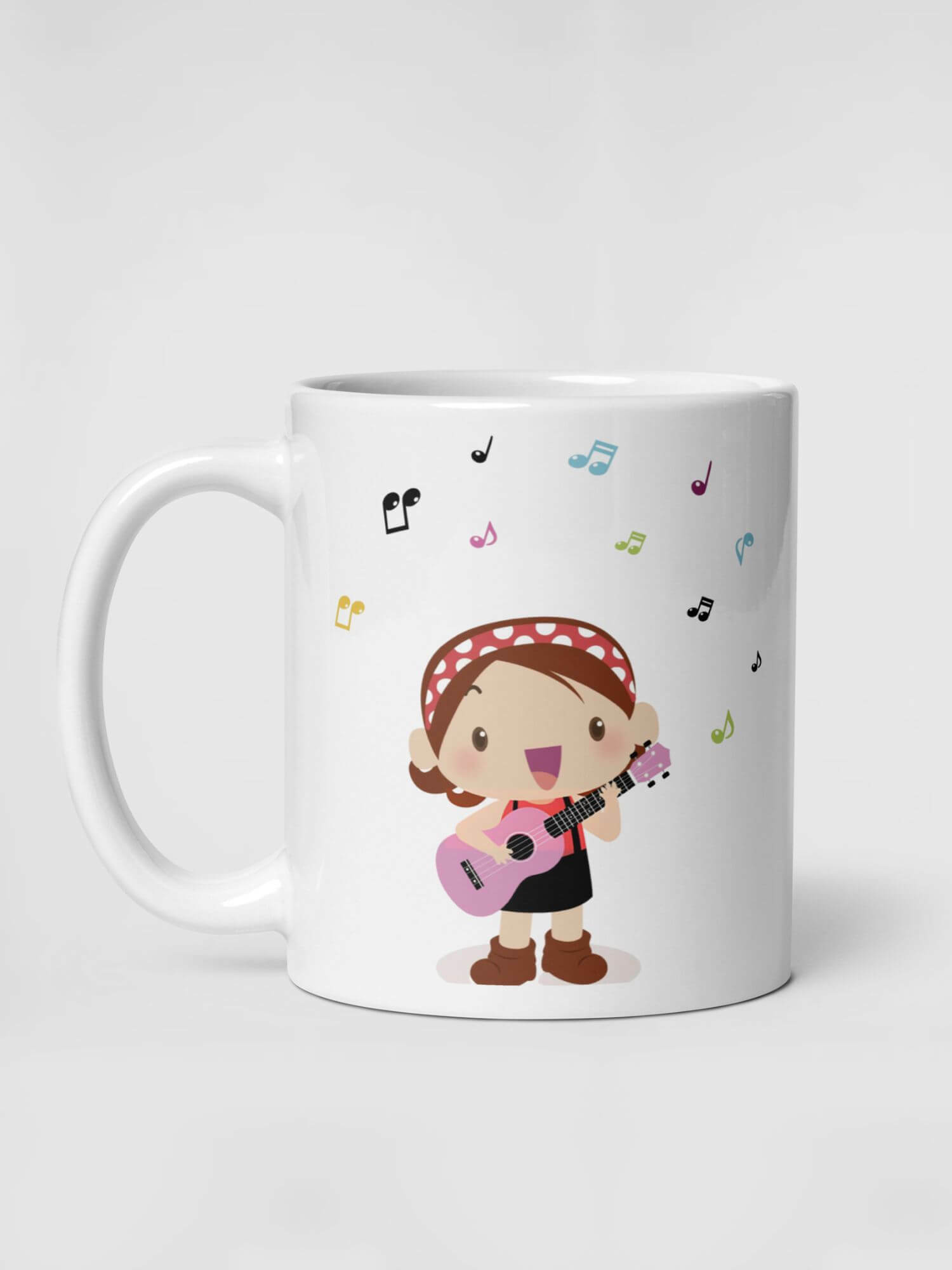 Glossy  Girl Singer Mug            Cartoon singing seranading drinks cup coffee, tea, juice, milk drinking cups miteigi branded product item tumblers ceramics in white with brown black pattern Ceramic Anime guitars musical notes Girls Gifts singers serenade fiesta mugs