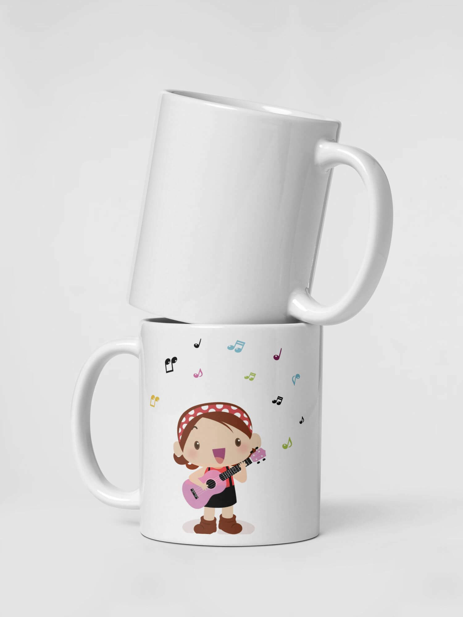 Glossy  Girl Singer Mug            Cartoon singing seranading drinks cup coffee, tea, juice, milk drinking cups miteigi branded product item tumblers ceramics in white with brown black pattern Ceramic Anime guitars musical notes Girls Gifts singers serenade fiesta mugs