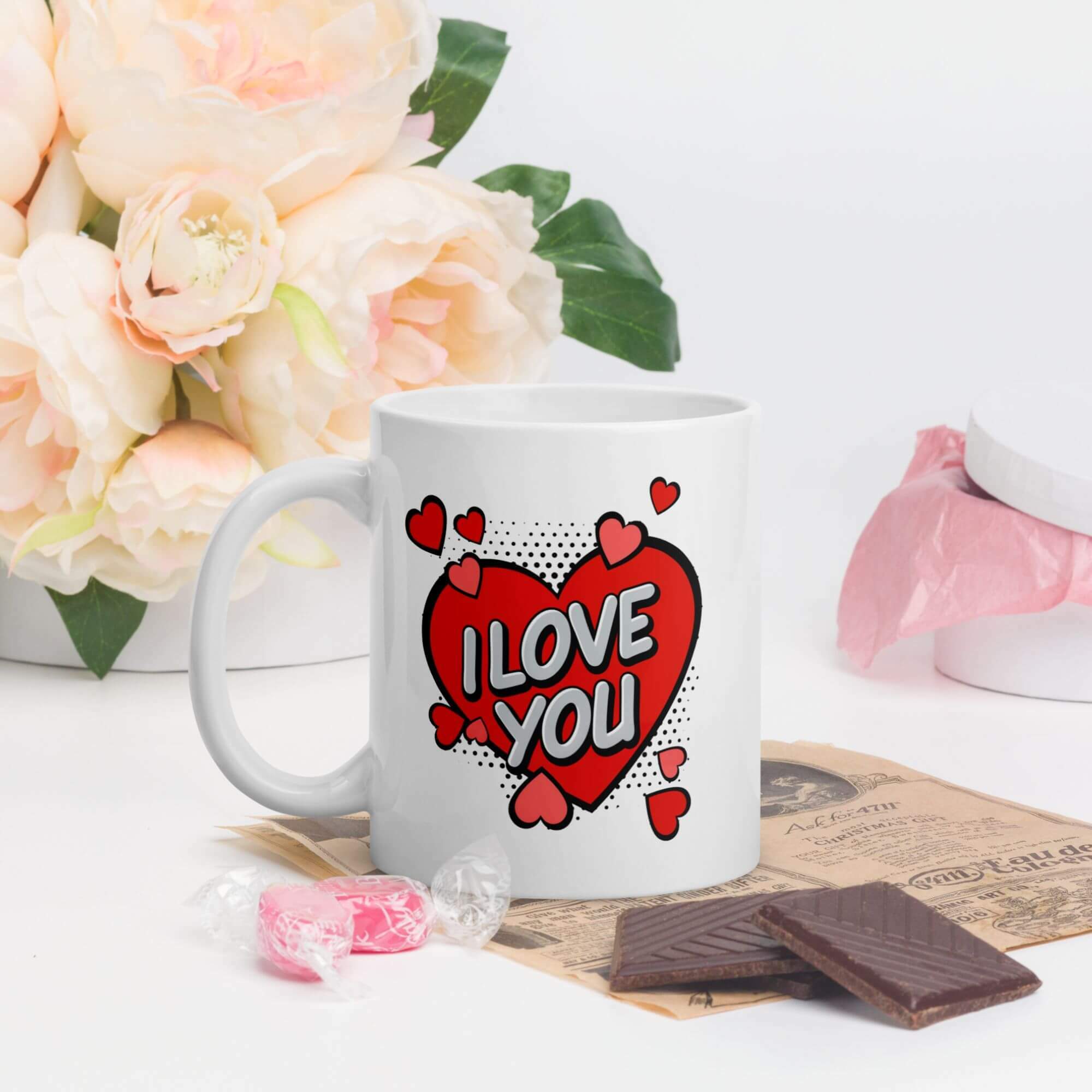 Glossy Love Mug          I LOVE YOU Hearts drinks cup coffee, tea, juice, milk drinking cups miteigi branded product item tumblers ceramics in white with multicolor pattern Ceramic Anime Gifts mugs in red