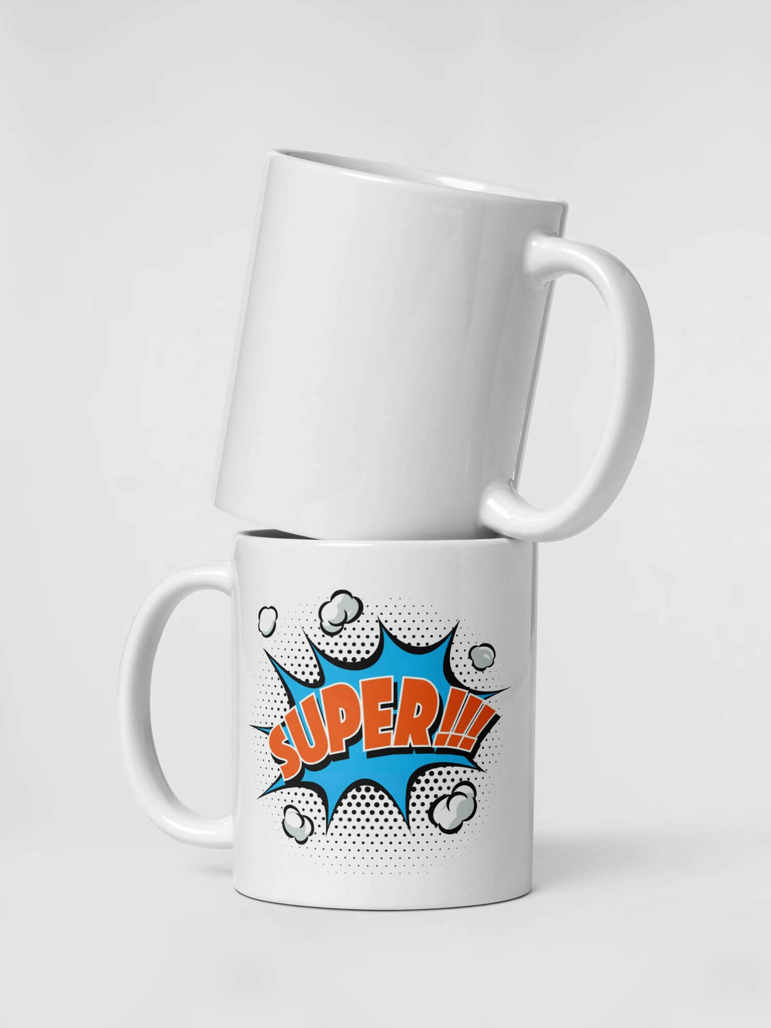 Glossy SUPER!!! Mug              Cartoon expressions drinks cup coffee, tea, juice, milk drinking cups miteigi branded product item tumblers ceramics in white with blue orange multicolor pattern Ceramic Anime superb sign Gifts mugs