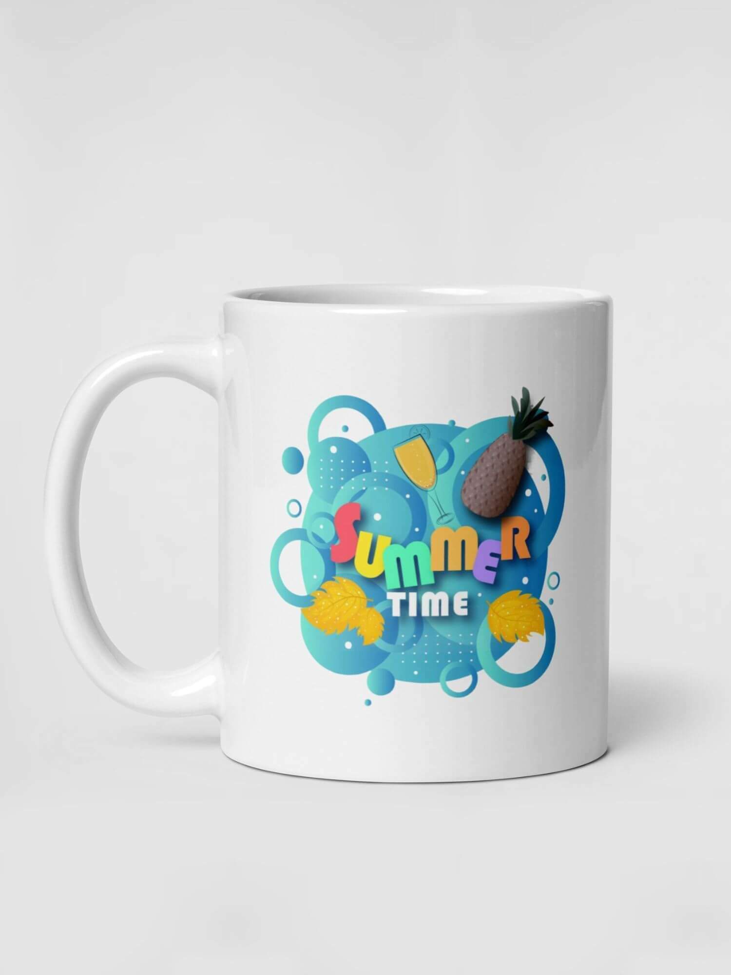 Glossy Summer Time Mug               Cartoon vacation drinks cup coffee, tea, juice, milk drinking cups miteigi branded product item tumblers ceramics in white with blue orange multicolor pattern Ceramic Anime holiday getaway outdoors entertaining Gifts mugs