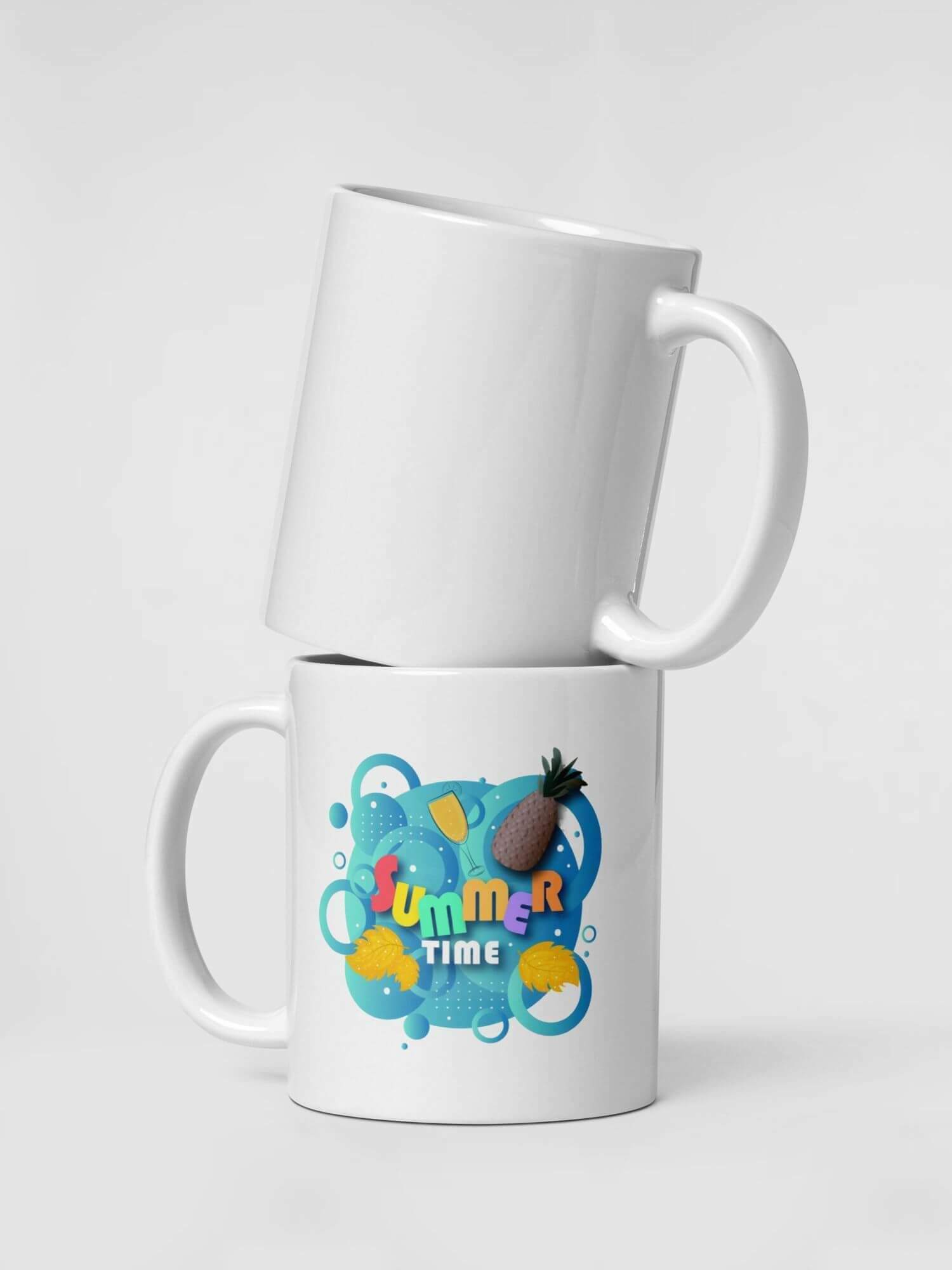 Glossy Summer Time Mug               Cartoon vacation drinks cup coffee, tea, juice, milk drinking cups miteigi branded product item tumblers ceramics in white with blue orange multicolor pattern Ceramic Anime holiday getaway outdoors entertaining Gifts mugs