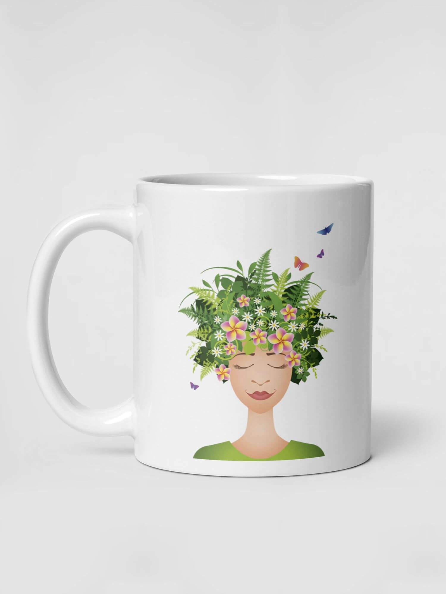 Glossy  Tropical Girl Mug             Cartoon island woman seranading drinks cup coffee, tea, juice, milk drinking cups miteigi branded product item tumblers ceramics in white with green multicolor pattern Ceramic Anime tropics floral flowers Girls islands paradise Gifts singers serenade fiesta mugs