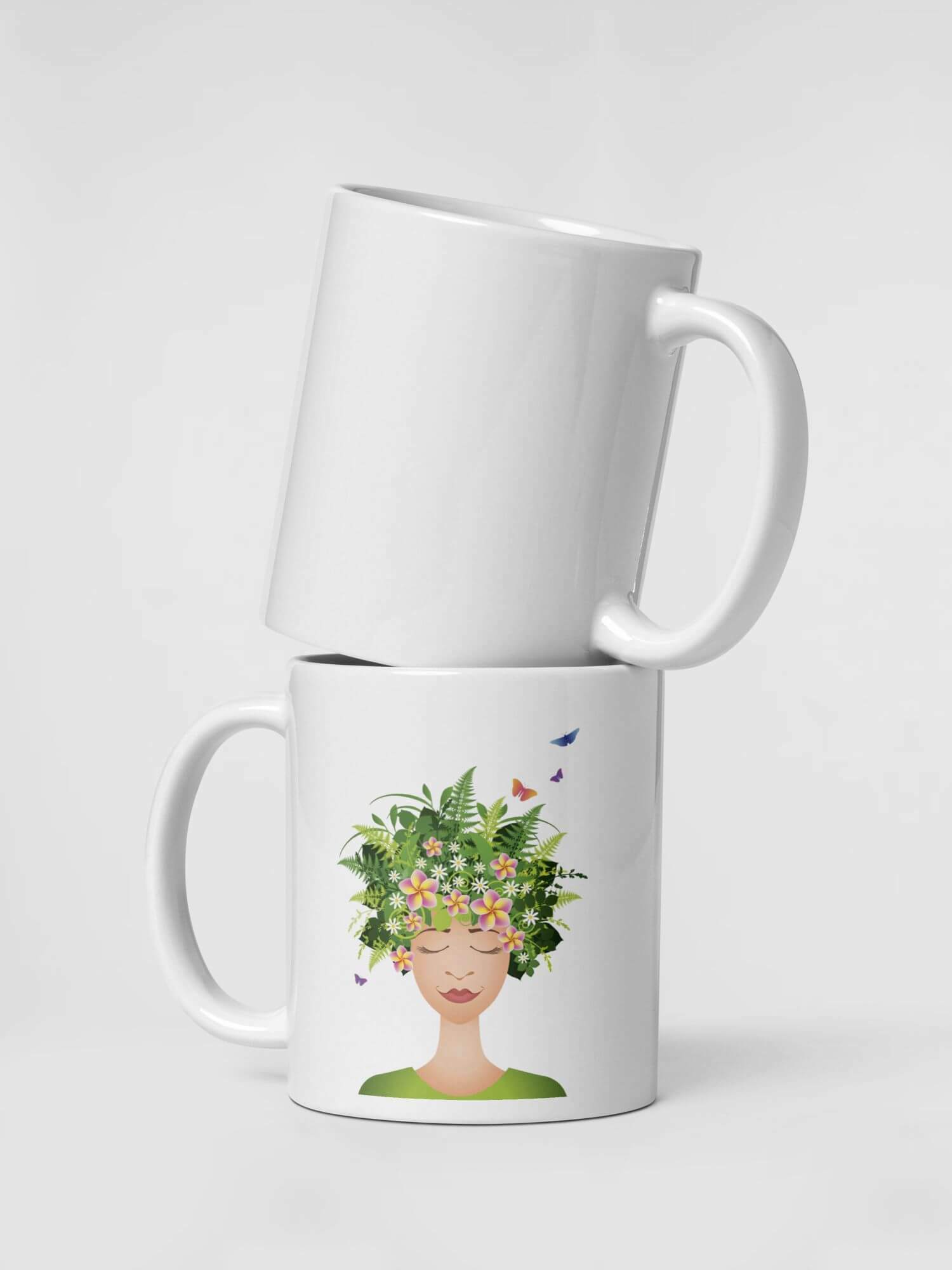 Glossy  Tropical Girl Mug             Cartoon island woman seranading drinks cup coffee, tea, juice, milk drinking cups miteigi branded product item tumblers ceramics in white with green multicolor pattern Ceramic Anime tropics floral flowers Girls islands paradise Gifts singers serenade fiesta mugs