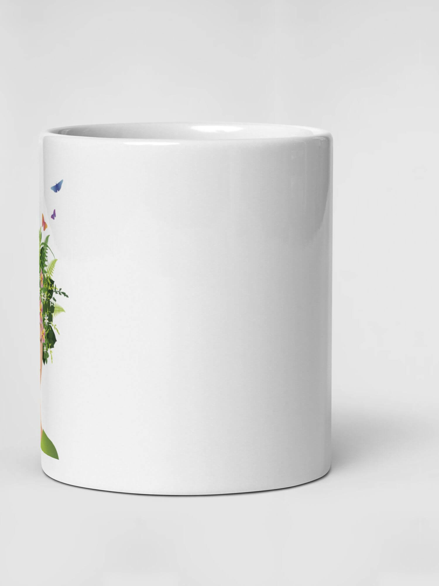 Glossy  Tropical Girl Mug             Cartoon island woman seranading drinks cup coffee, tea, juice, milk drinking cups miteigi branded product item tumblers ceramics in white with green multicolor pattern Ceramic Anime tropics floral flowers Girls islands paradise Gifts singers serenade fiesta mugs