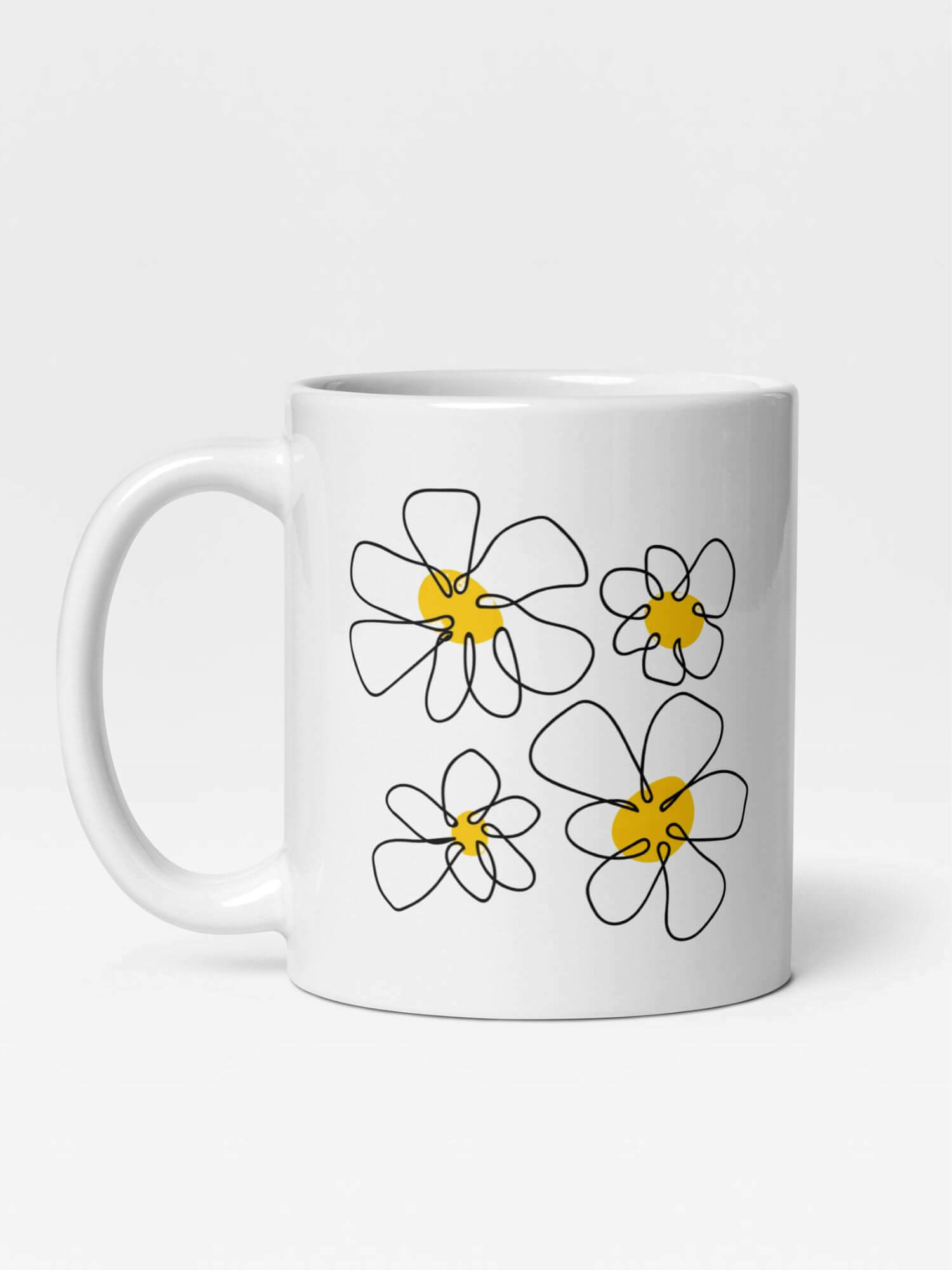 Glossy  Floral Daisy Mug              Cartoon flowers drinks cup coffee, tea, juice, milk drinking cups miteigi branded product item tumblers ceramics in white with yellow black pattern Ceramic Anime daisies Gifts mugs