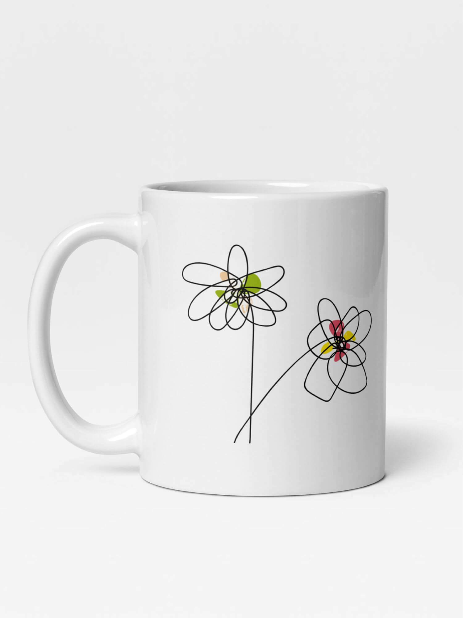 Glossy Floral Sketch Mug                Cartoon flowers sketches drinks cup coffee, tea, juice, milk drinking cups miteigi branded product item tumblers ceramics in white with yellow pattern Ceramic Anime daisies sketching Gifts mugs