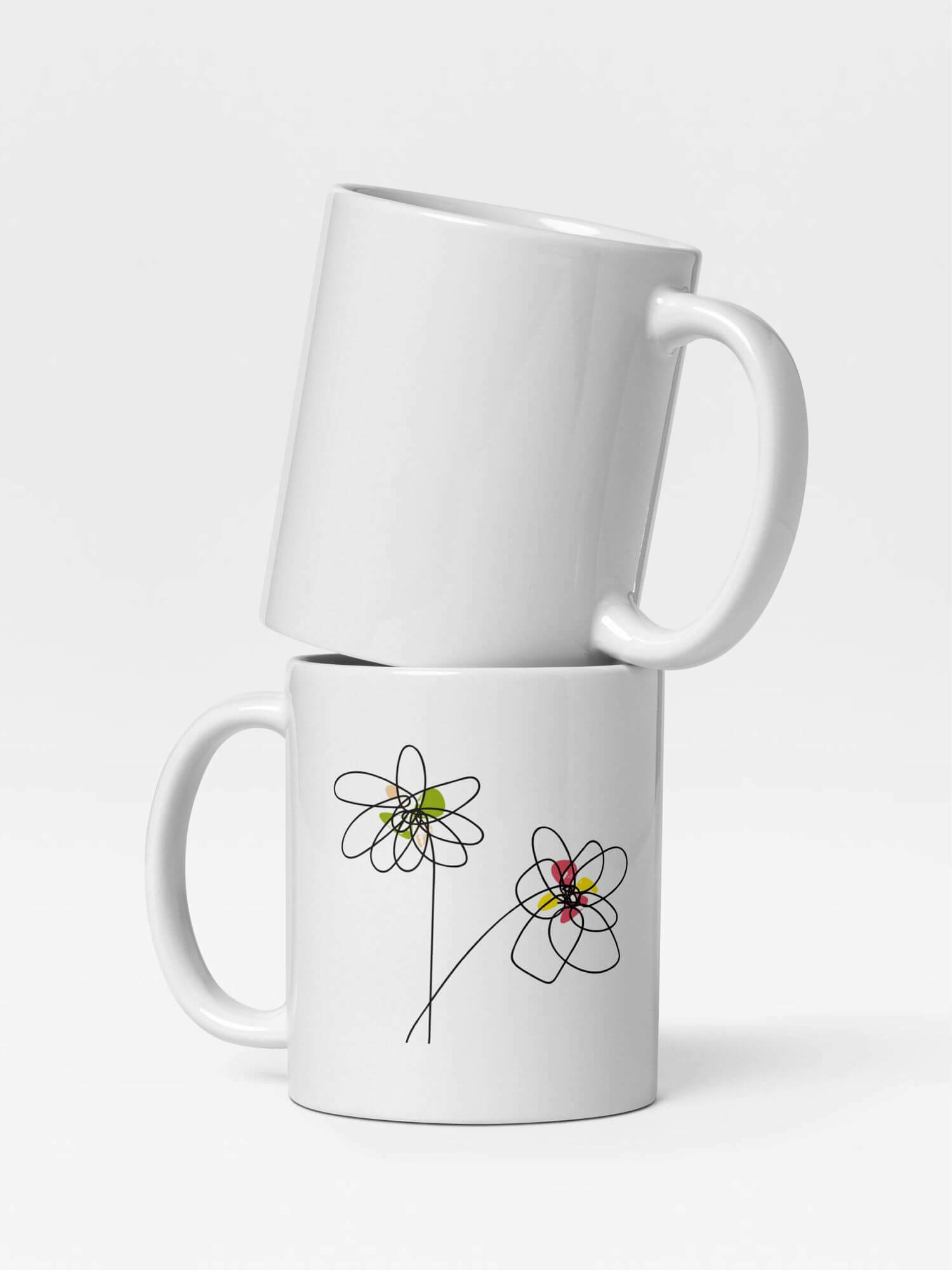 Glossy Floral Sketch Mug                Cartoon flowers sketches drinks cup coffee, tea, juice, milk drinking cups miteigi branded product item tumblers ceramics in white with yellow pattern Ceramic Anime daisies sketching Gifts mugs