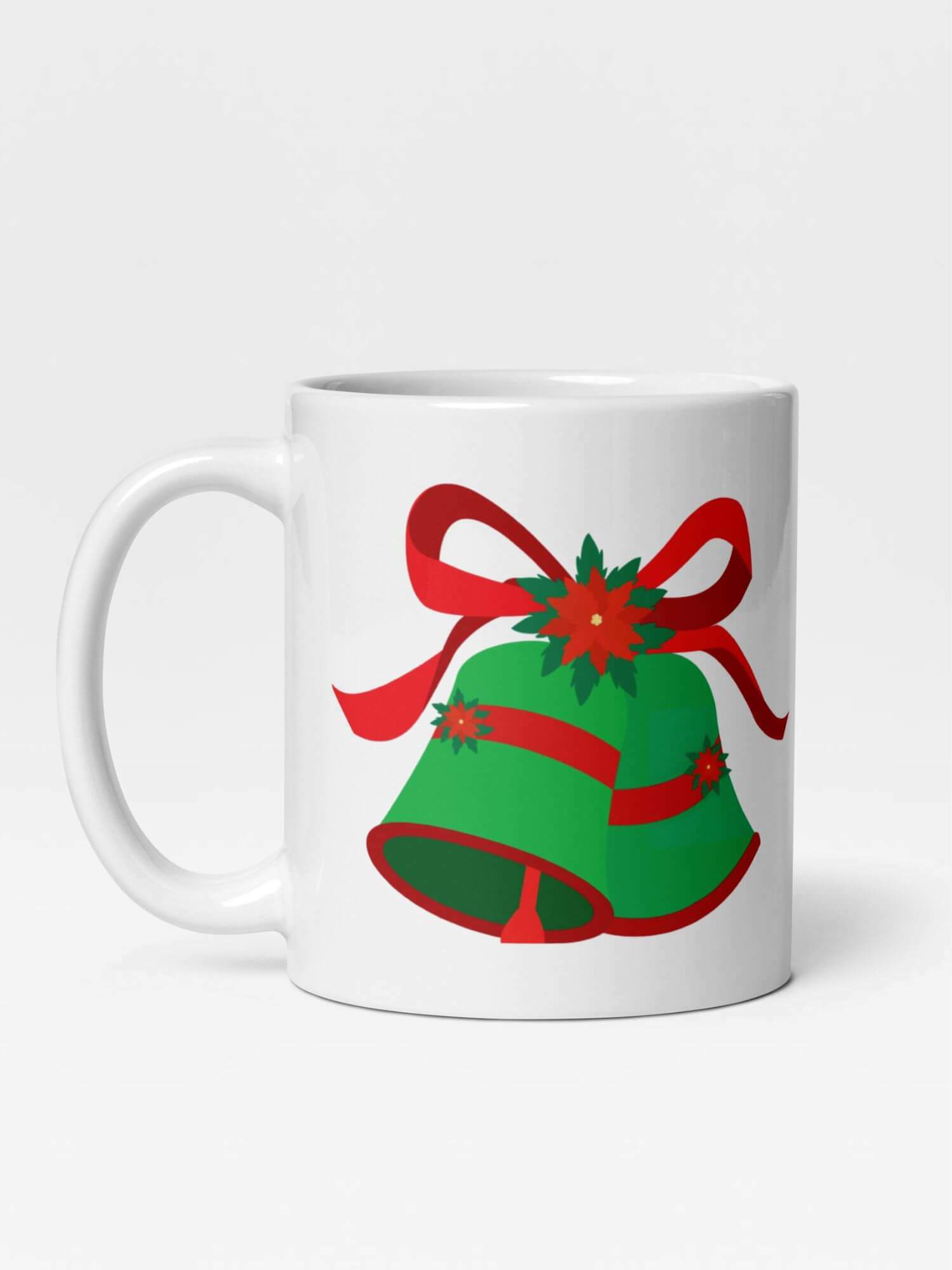 Glossy Christmas Bells Mug            Cartoon drinks cup coffee, tea, juice, milk drinking cups miteigi branded product item tumblers ceramics in white with red green multicolor pattern Ceramic Anime Gifts holiday season ribbon, poinsettia and bell festive mugs